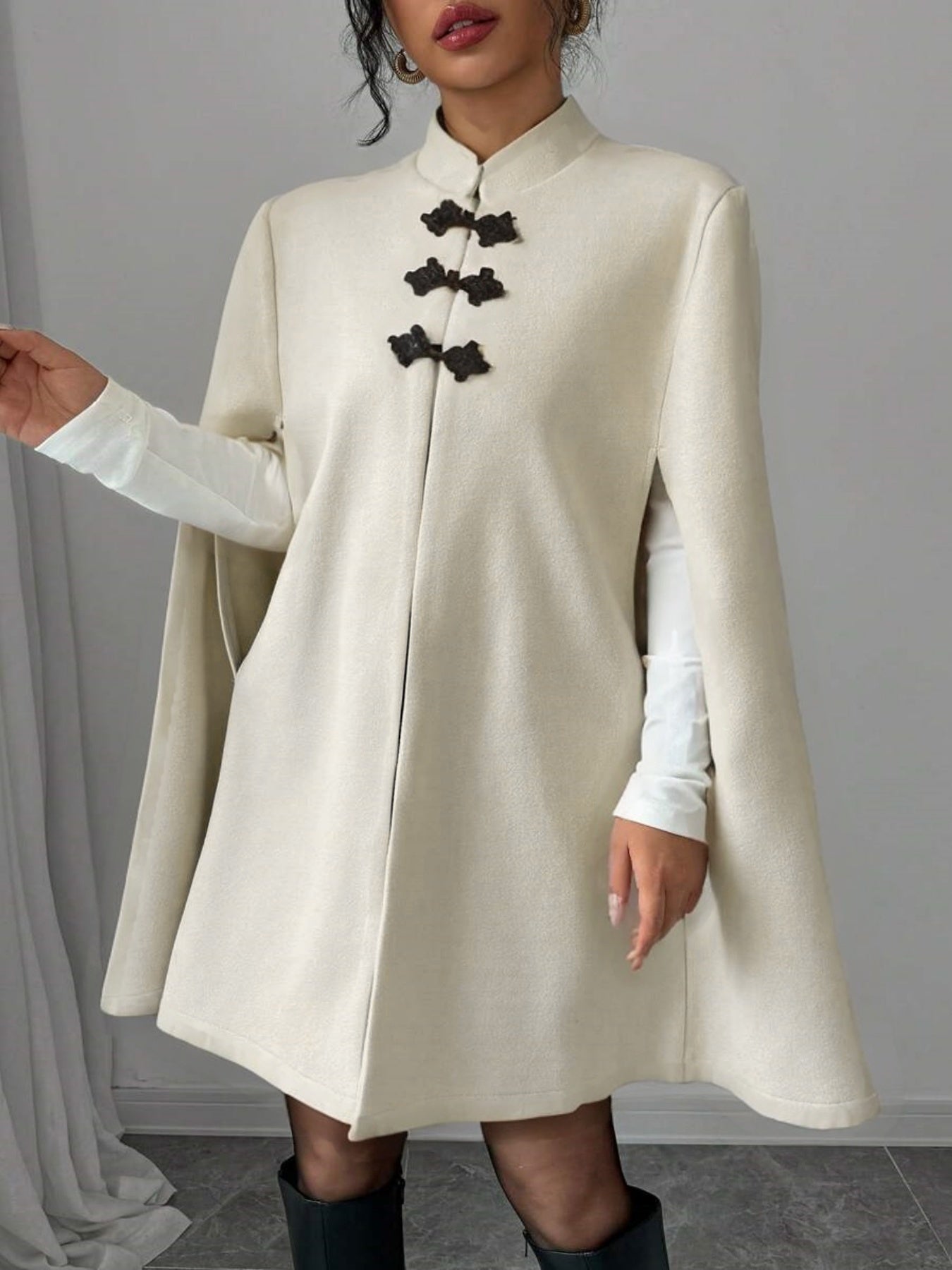 Plus Size, Plus Size Women's Elegant Chinese Cape Coat - Winter Thick Jacket with Stand Collar & Mandarin, Front Closure, Belted Waist, Machine Washable Outerwear for Weddings, Parties, Professional (Warm Coat)