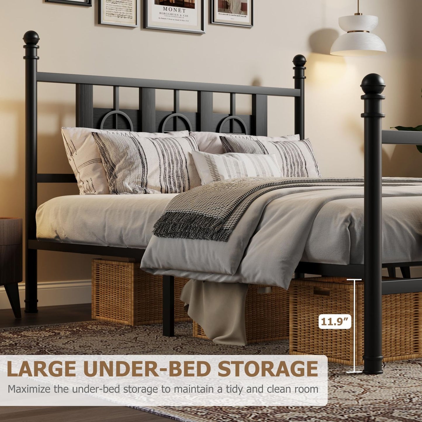Bed Frame with Headboard and Footboard, Metal Twin Bed Frame with Vintage Circular Design & Storage Space Under Bed, No Box Spring Required, Easy Assembly, Noise-Free