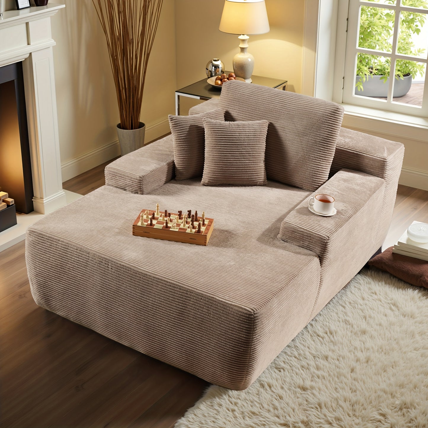 67" Oversized Boneless Lounge Chaise - Corduroy/Plush Fabric/Teddy Fleece Floor Couch with Pillows And Armrests | Deep Seat Single Sofa Bed with High Density Sponge Cushion | U Sleeper Couch for Living Room, Apartment, Bedroo