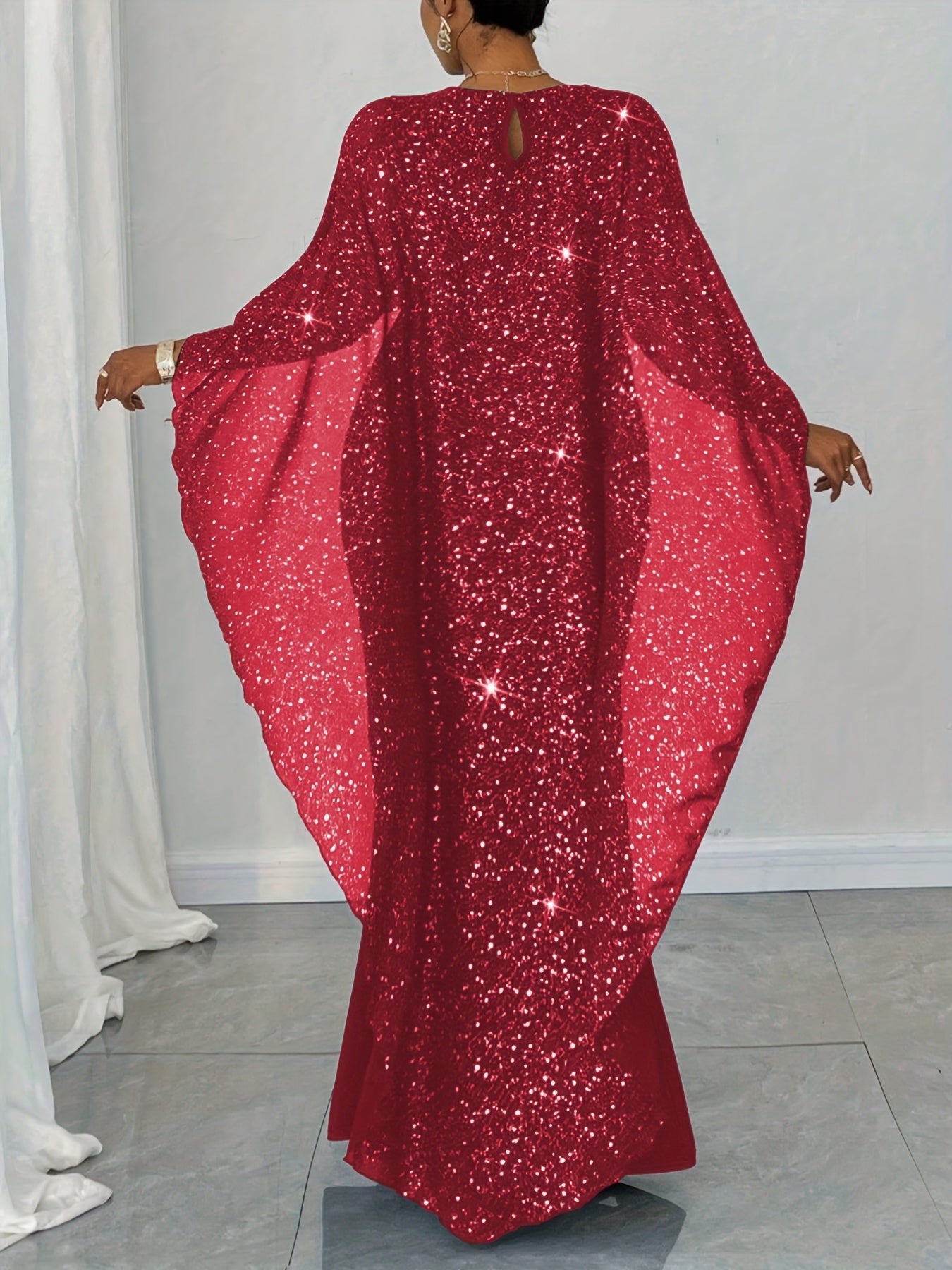 Plus Size - Plus Size - Women'S Elegant Dress with Star-Speckled Cape Sleeves - Stretchy Summer Party & Formal Attire, Plus Size Fitted Top & Flowy Skirt, Machine Washable, Elegant Outfit | Flowy Skirt Gown | Sleek Black Dres