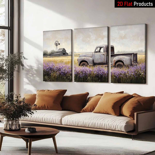 3pcs Modern Farmhouse Bohemian Wall Art - Vintage Truck in Purple Field with Barn & Windmill Landscape - Wrapped Canvas Framed Paintings, Pine Wood Frame for Country Cottage Decor - Ready-to-Hang Christmas Gift, 2D Flat, Perf