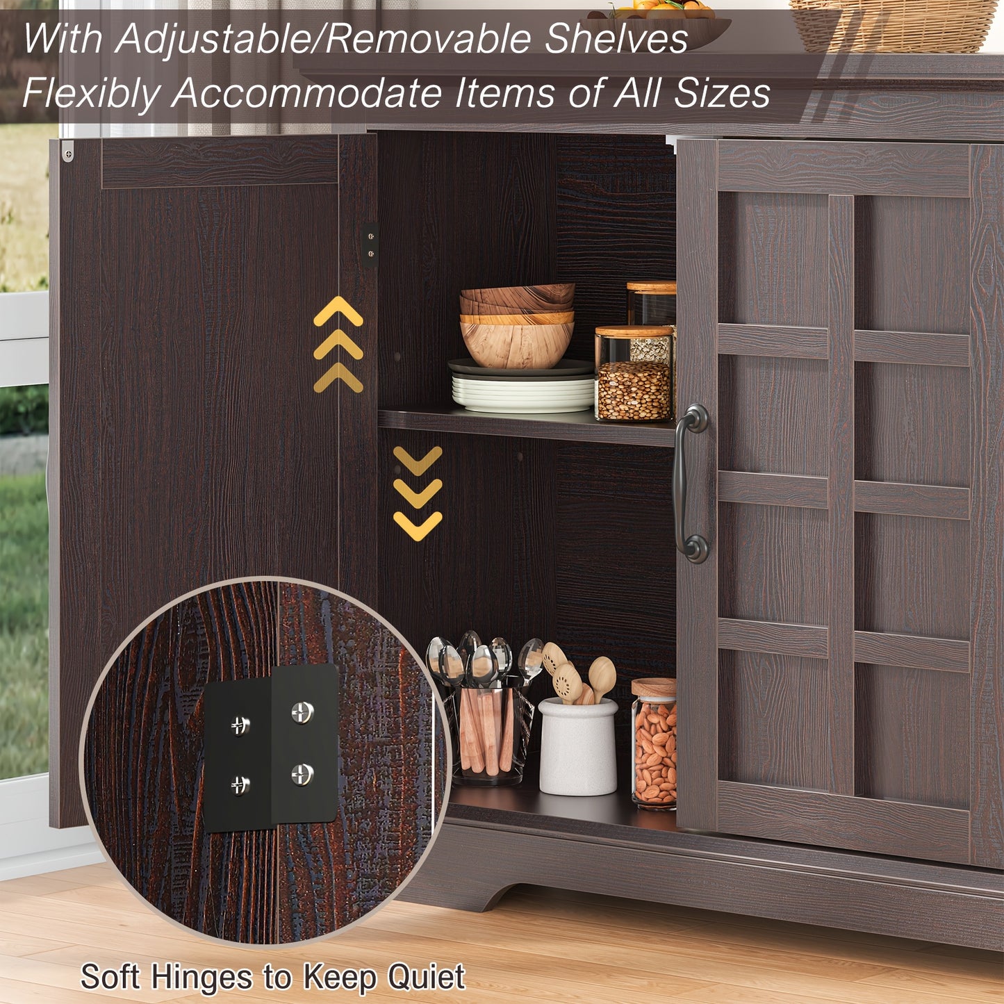 70" Large Buffet Cabinet, Kitchen Pantry Cabinet, Farmhouse Buffet Sideboard Cabinet With Doors And Shelves, Buffet Table Coffee Bar Wine Bar Storage Cabinet For Kitchen, Living Room, Dark Brown