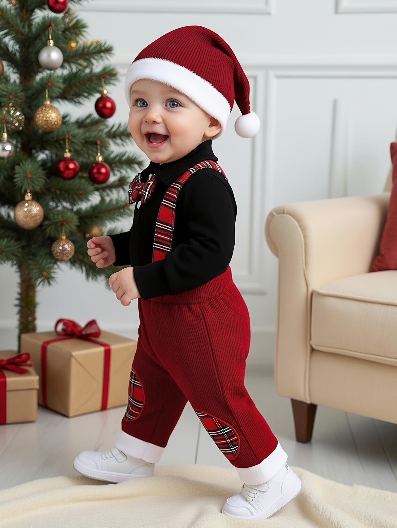 3pcs Baby Boys' Christmas Outfit Set - Elegant Black & Red Formal attire with, Long Sleeve Jumpsuit & Red Bib Pants, Easy-diaper change snaps, Holiday Party & Photo Shoot Clothing for Boys (Christmas Hat Included) - Ideal Chr