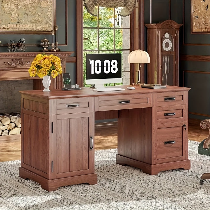 55'' Farmhouse Executive Desk with Power Outlets, Home Office Desk with Drawers And Cabniet