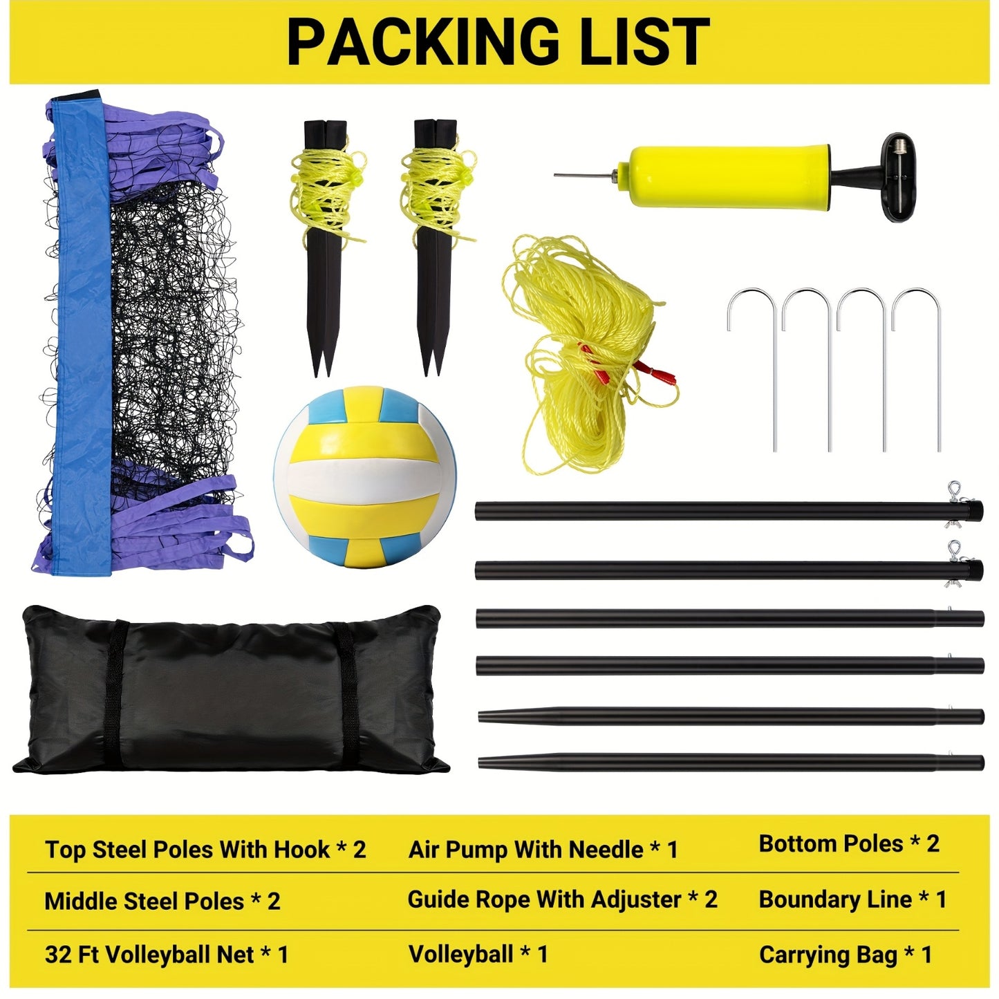FITPLAY Portable Volleyball Net System with Adjustable Height (3.05m) - Heavy-Duty PU Net, Sturdy Poles & Carry Bag, Quick Setup & Transport, Yellow/ Design, All-Weather Outdoor/Indoor Use for Beach, Backyard, Home - Complete