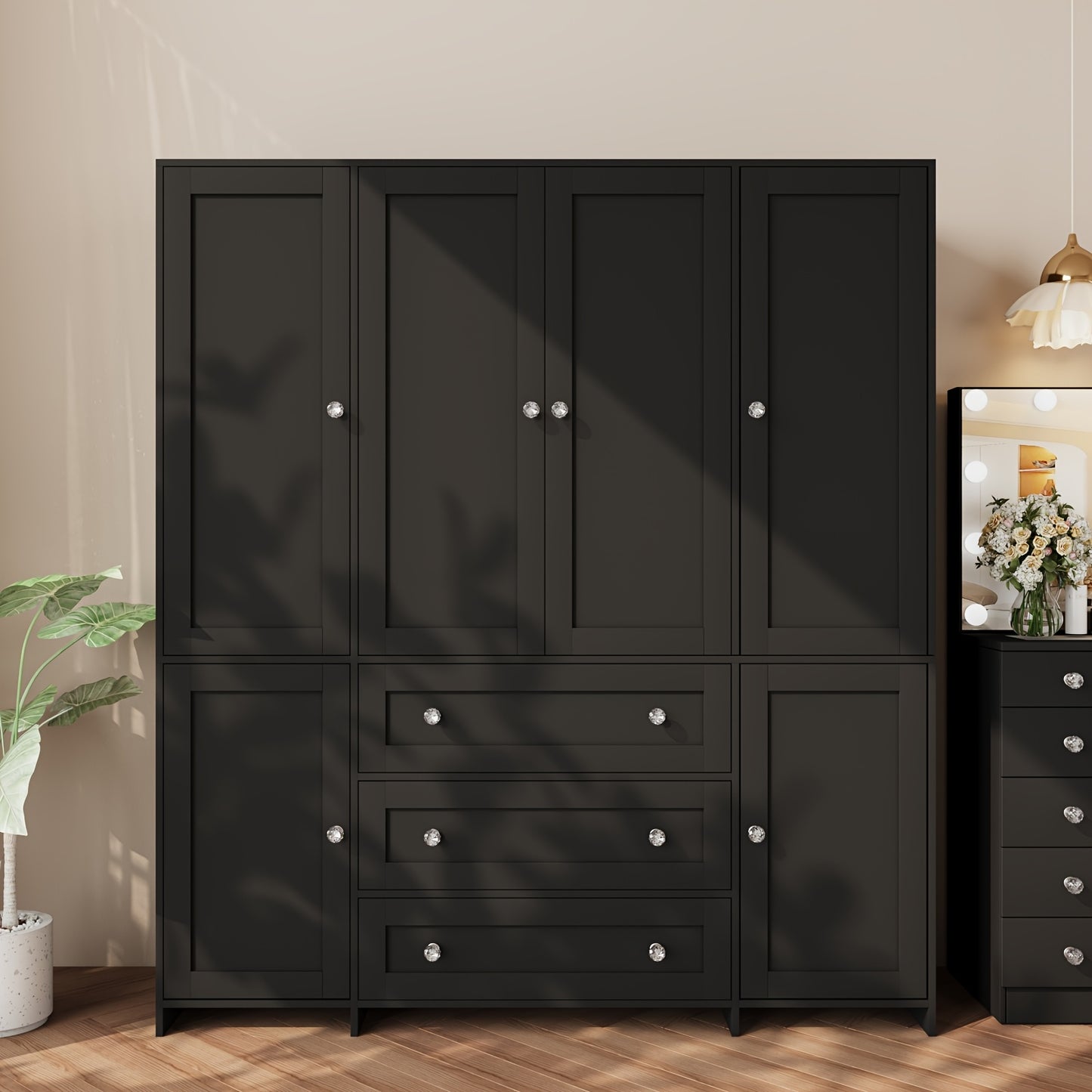47"/63" Large Modern Armoire Wardrobe Closet with Mirror Door, Hanging Rod, Drawers & Shelves - -Standing Dresser Suitable for Bedroom, Assembly, Wood & MDF