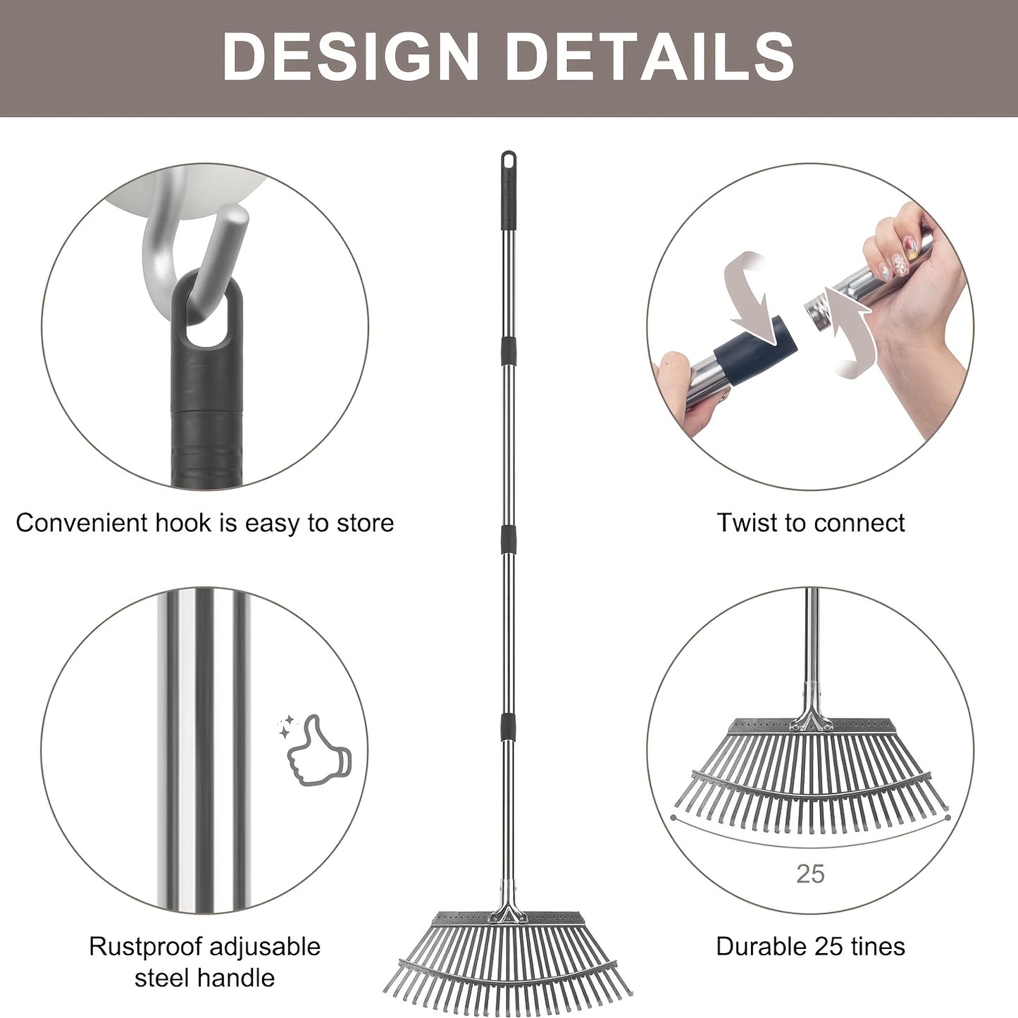 25 Tines Garden Leaf Rake | 18.5" Wide, 62" Adjustable Long Handle, Stainless Steel for Lawns, Yard, Grass, Flower Beds, All Season