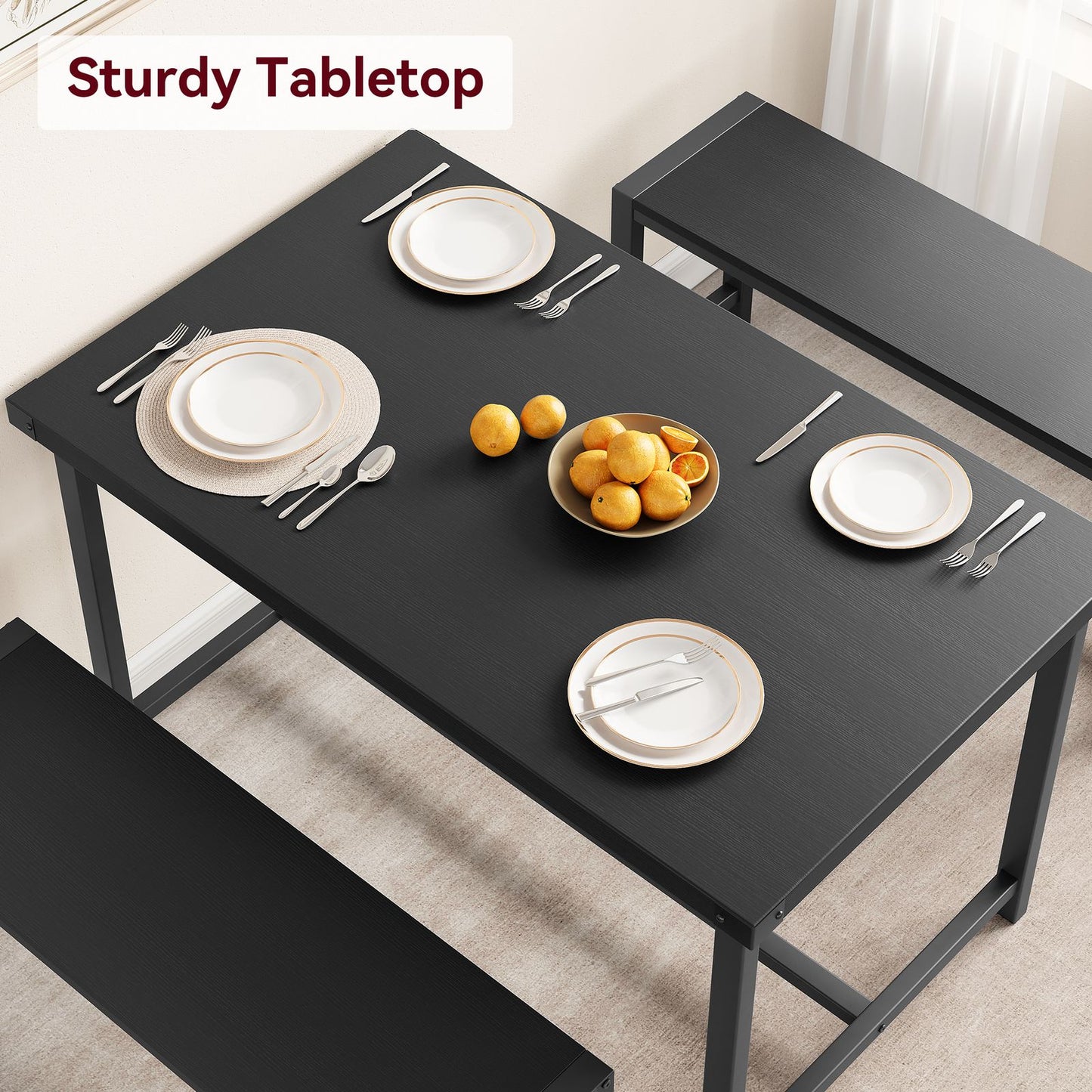 Modern Farmhouse 3pcs Dining Set for 4 with Steel Frame, Space-Saving Benches, and Tabletop, Perfect for Small Apartments and Dinette Areas, Easy Assembly, Dining Table