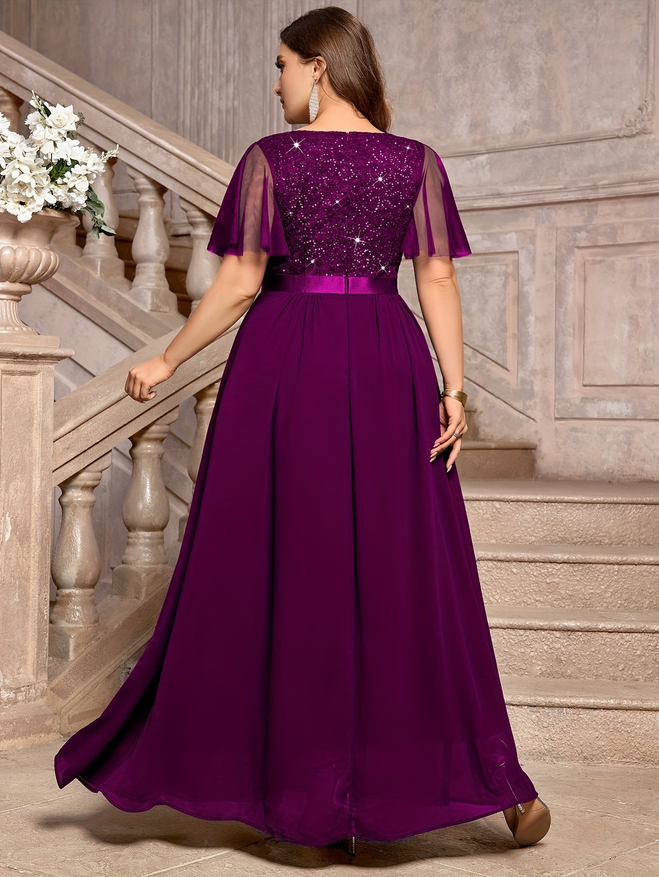 Plus Size - P54385A Elegant Plus Size Sequin Lace Bridesmaid Dress, Sweetheart Neckline With Mesh Ruffle Sleeves, Pleated Chiffon Skirt For Formal Parties, Evenings, Weddings