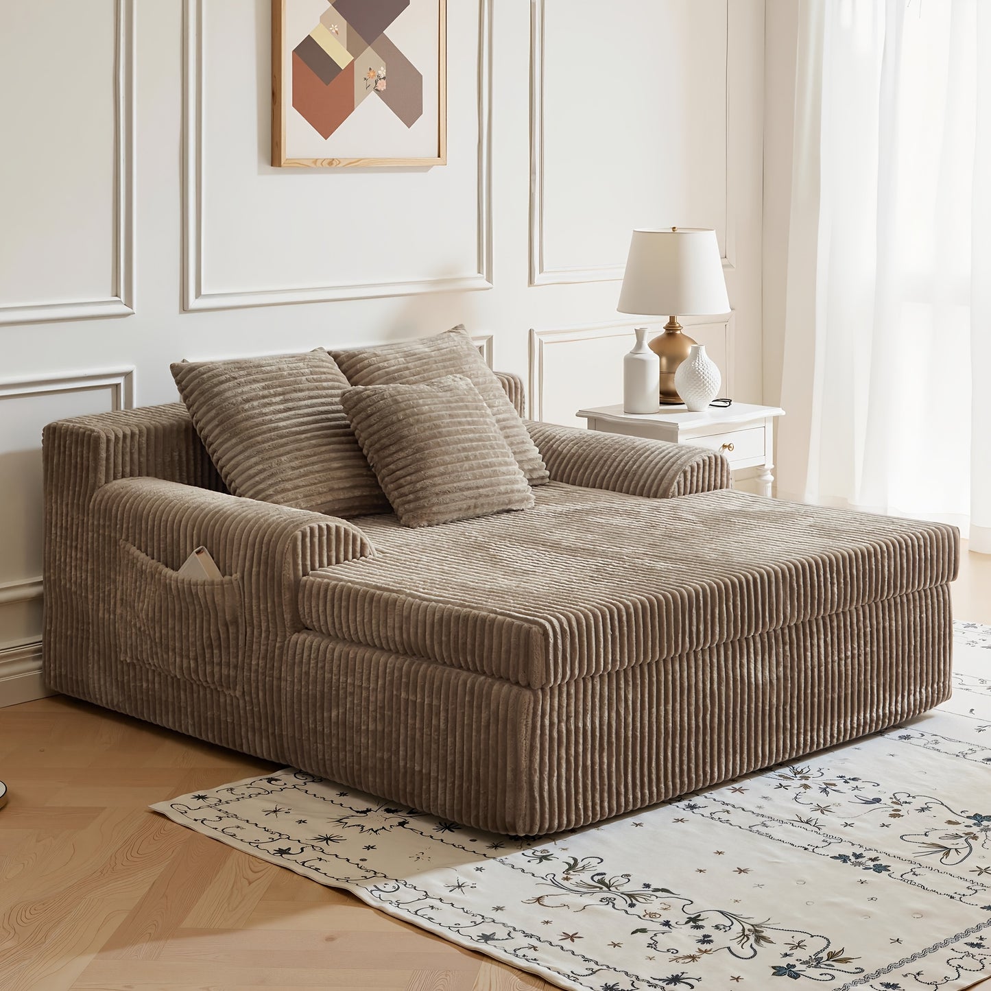 Chaise Lounge Chair Indoor, Corduroy Upholstered Deep Seat Sofa Couch, Cloud-Soft Boneless Lounger, Comfy Reading Chairs For Living Room & Bedroom, No Assembly Required