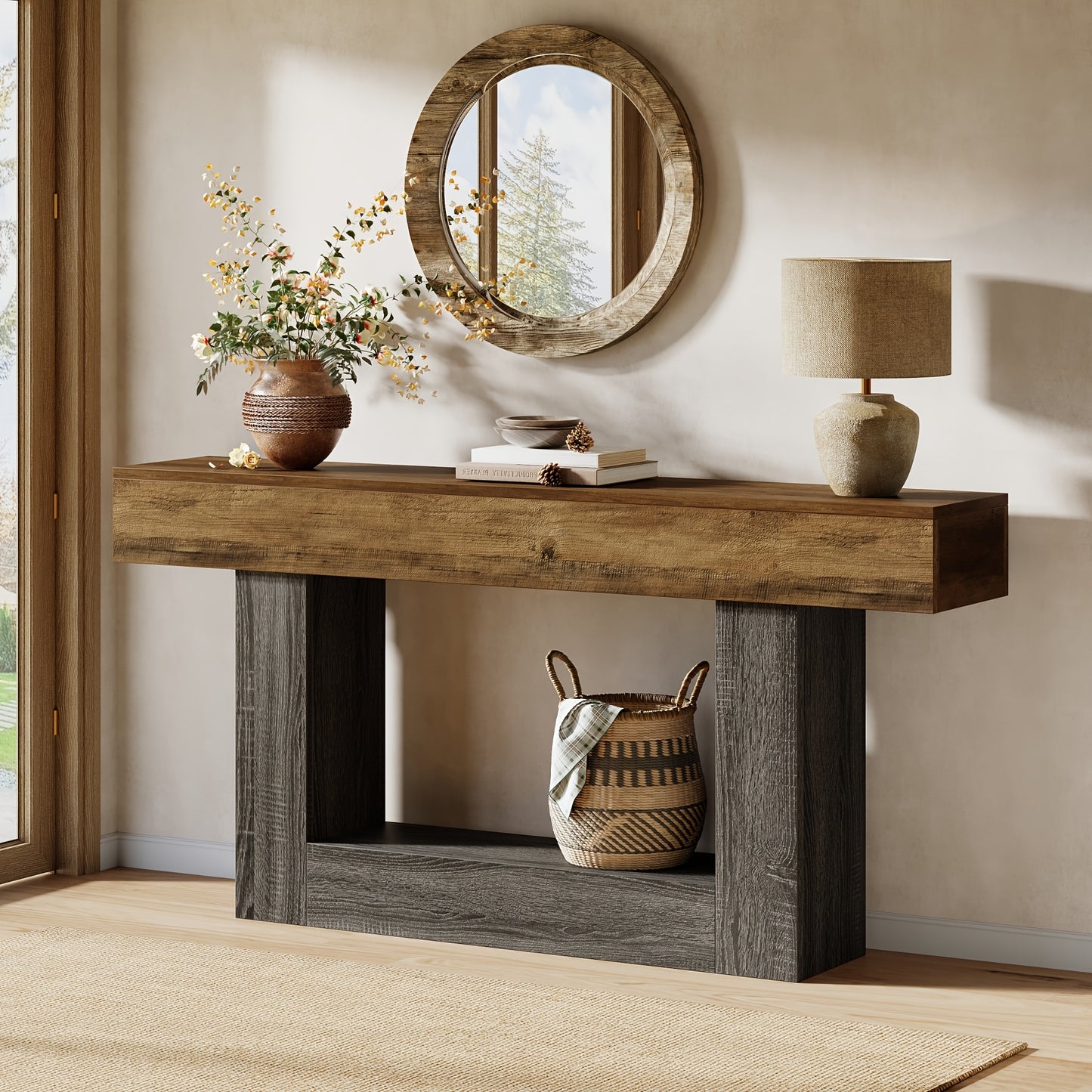 63" Narrow Long Console Table With Storage, Farmhouse 2-Tier Entryway Table With U-Shaped Base, Vintage Wood Sofa Table Behind Couch Table For Living Room, Hallway, Foyer, Rustic Brown And Grey