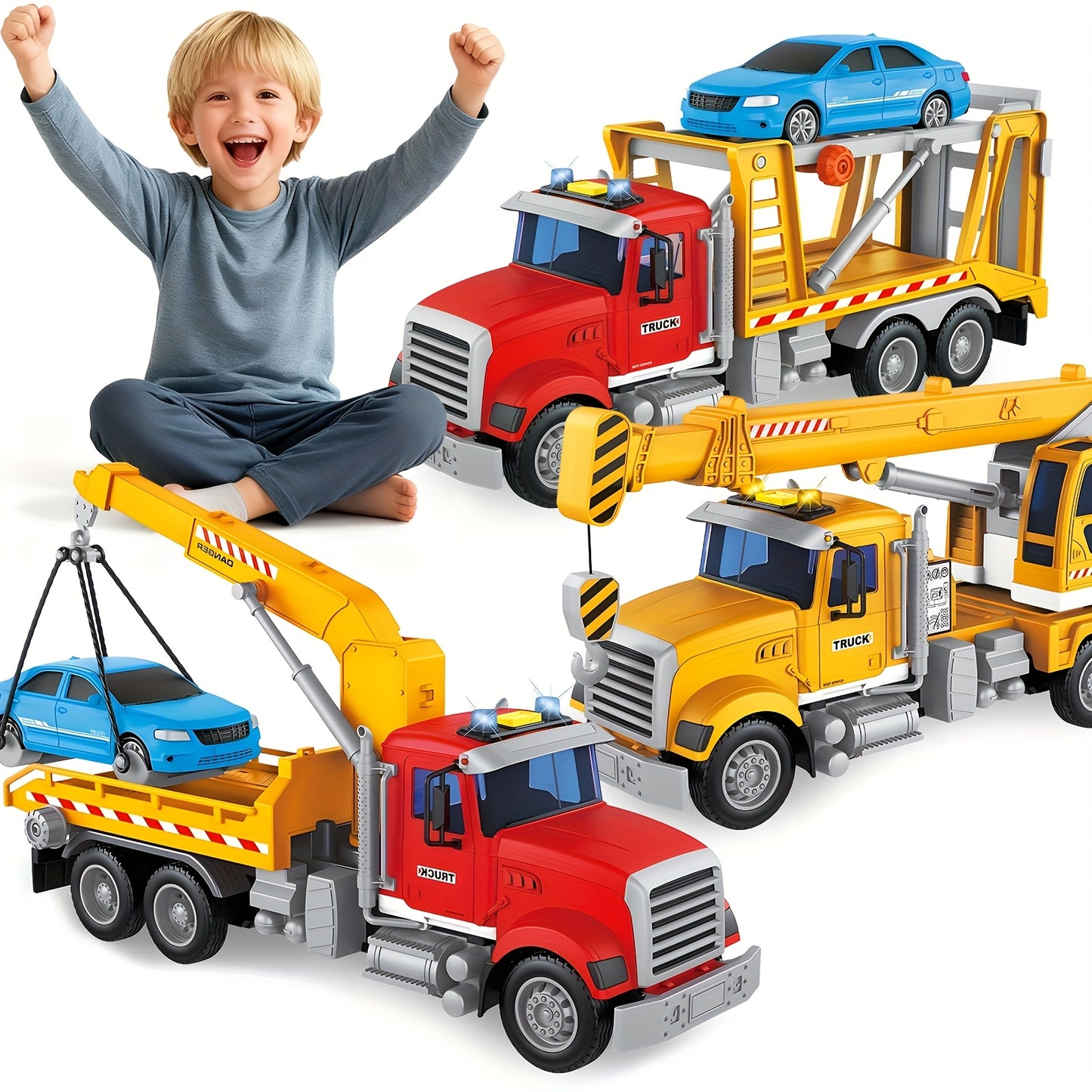 Kids Toys For 3 4 5 6 7 Years Old Boys, 13"Tow Truck Toy, Friction Powered Transport Truck Crane Toy With Lights And Sounds, Birthday Gifts For Boy Child