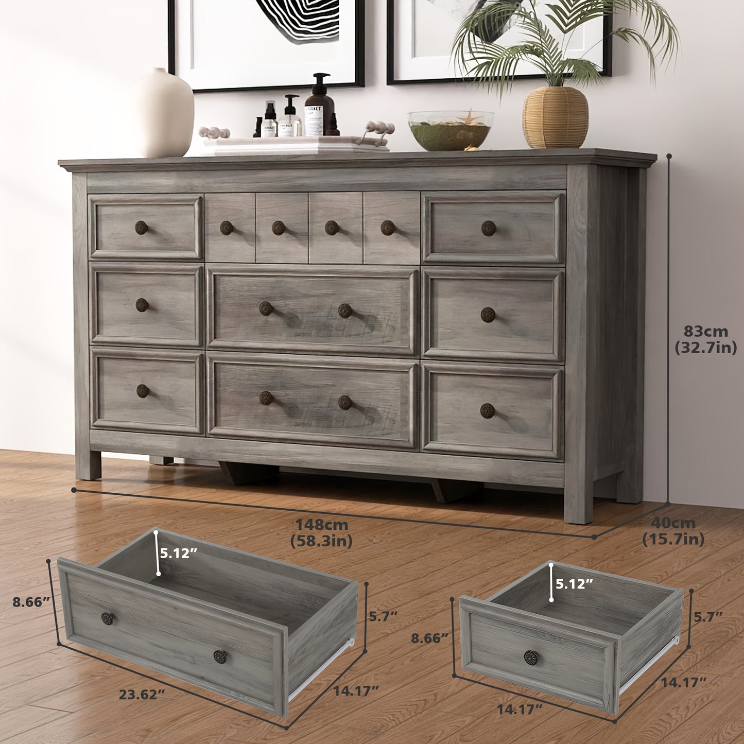 9 Drawers Dresser For Bedroom, 58.3" Wide Wood Farmhouse Rustic Chest Of Drawers With Natural Texture, Smooth Metal Rail, Strong Drawer Bottom Support, Storage Dressers Organizer For Closets, Living Room, Hallway