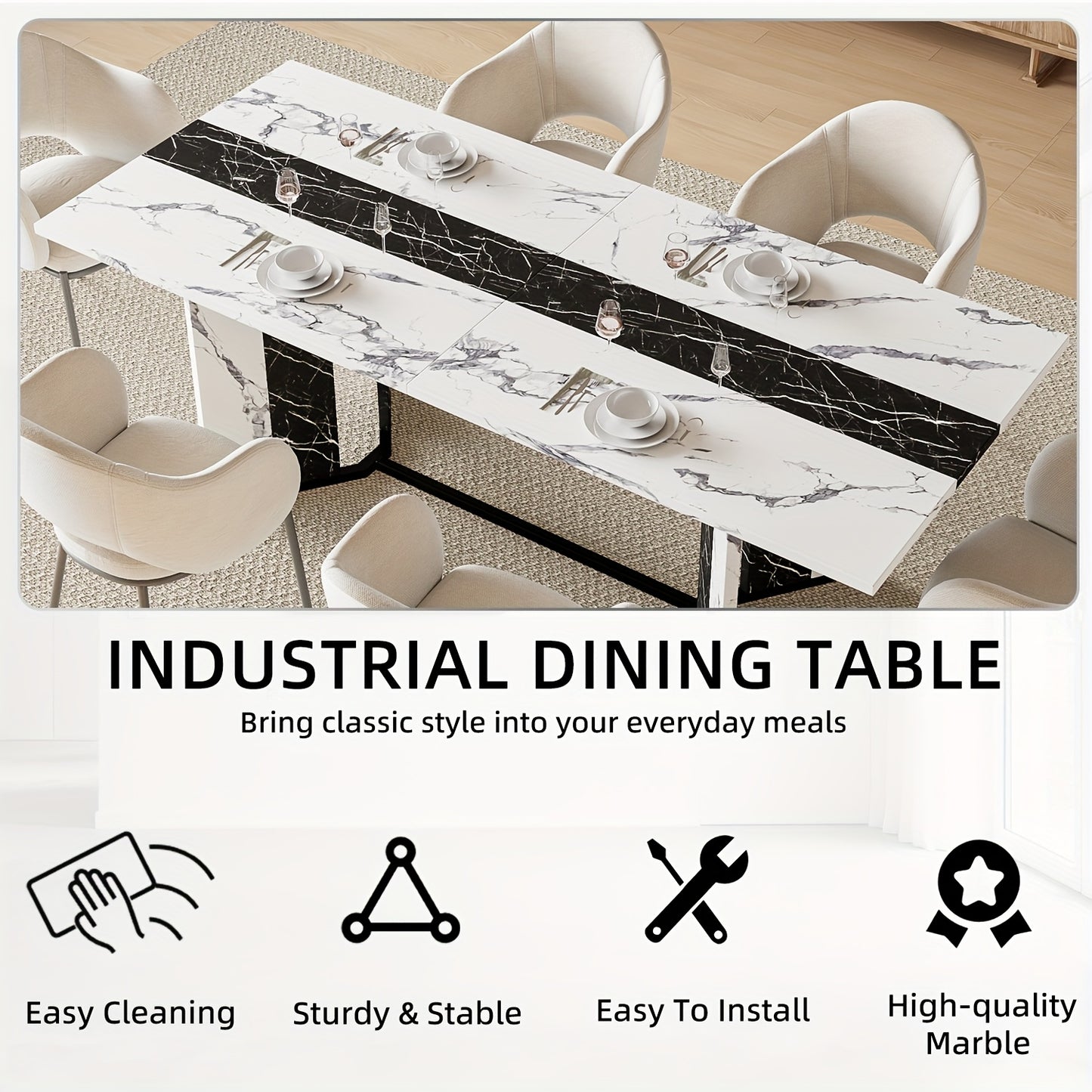 70.9" Large Modern Farmhouse Dining Table for 6-8 People - Heavy-Duty Rectangular Kitchen Table with Triangular Steel Base, Spacious Surface & Easy Assembly, Durable MDF/Plastic/Wood Construction, Ideal for Family Dinners & E