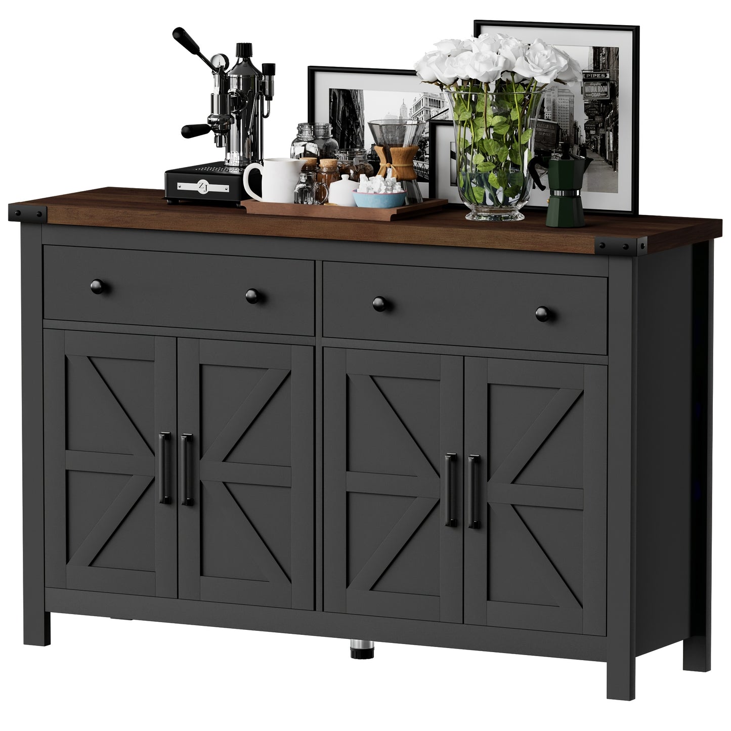 55-Inch Sideboard Buffet Cabinet Featuring Storage, a Coffee Bar with Two Drawers And Four Barn Doors, a Long Storage Cabinet in a Modern Farmhouse Style, Made of White Wood, Suitable for The Kitchen, Dining Room, Or Living R