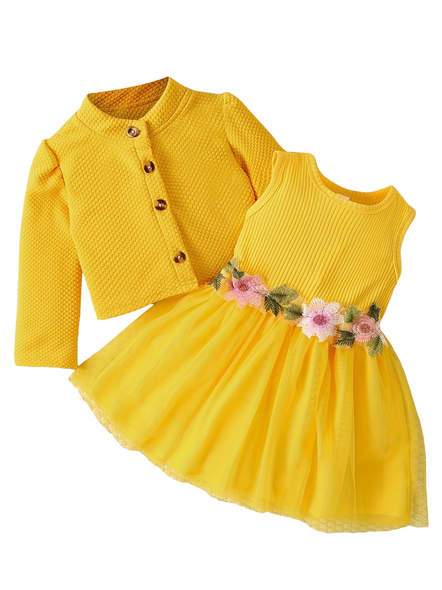 Baby Girl Fall Outfit, Long Sleeve Cardigan Coat Flower Embroidery Tulle Tank Dress 2pcs Set, for Outdoor