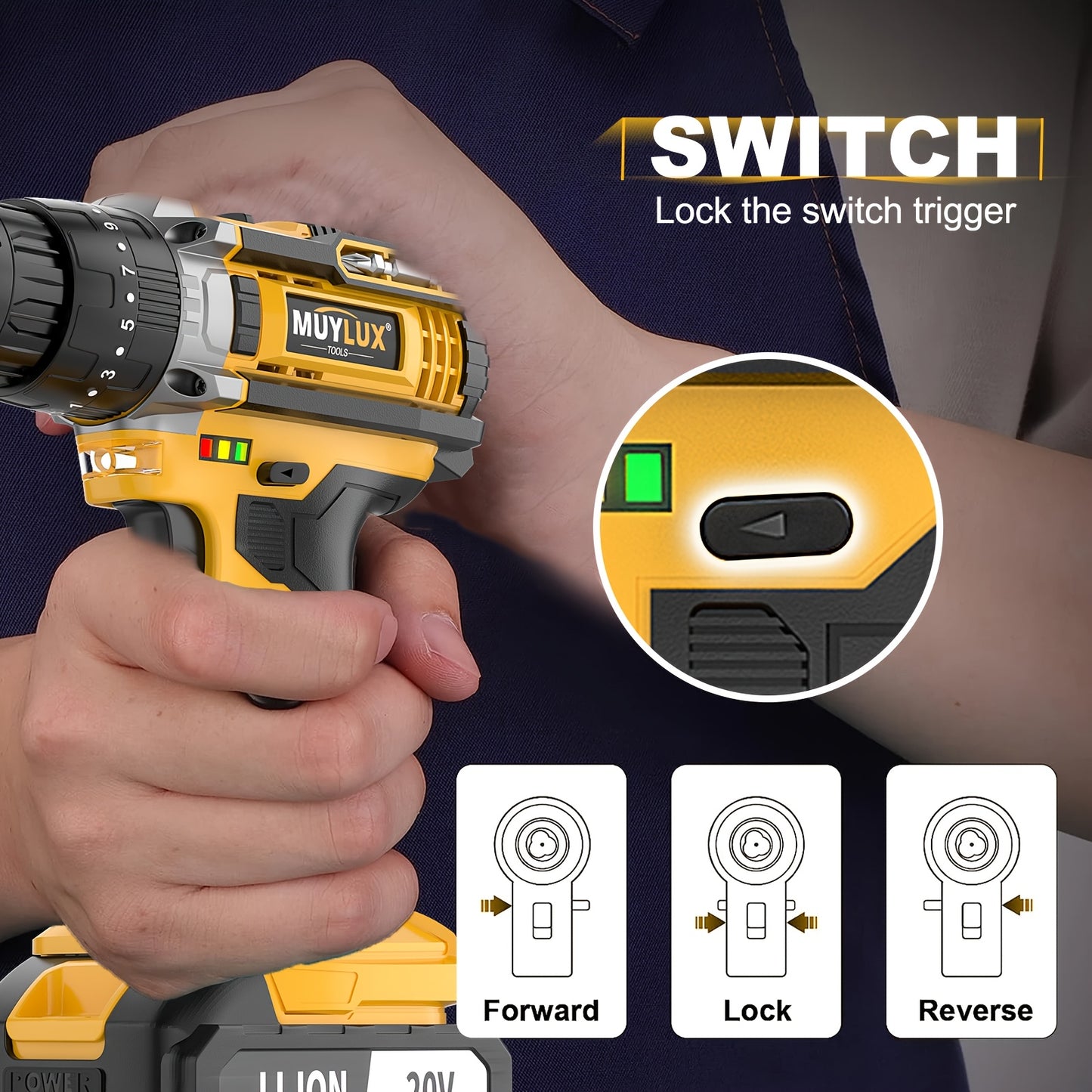 20V Cordless Drill Set, Impact Power Drill with 3/8 Inch Keyless Chuck, 18+3 Clutch Electric Drill with Work Light, Max Torque 45Nm, 2-Variable Speed & 2.0AH Batteries And Fast Charger, Bits Set And Box for, Home Repair, Gift