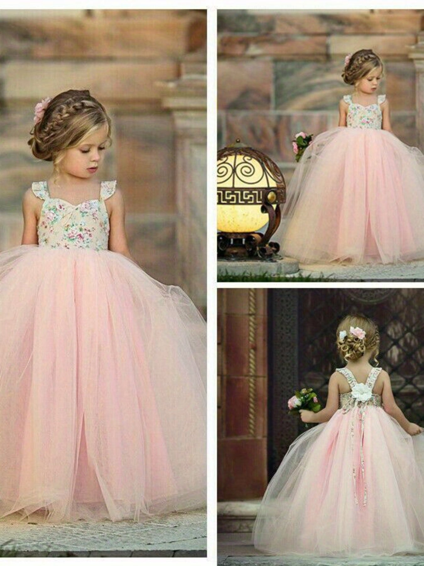 Girls' Sleeveless Tutu Princess Dress with Floral Print & Faux Drawstring Waist - Soft Pink Tulle Wedding Bridesmaid Party Pageant Dress for Spring/Summer, Wedding Dresses for Bride