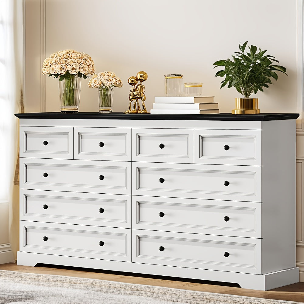 55" Wide 10-Drawer Metal Dresser - Modern White & Black Chest of Drawers, Freestanding Storage Cabinet for Bedroom, Living Room, Entryway, Easy Assembly, Compact Design Under 27" Height