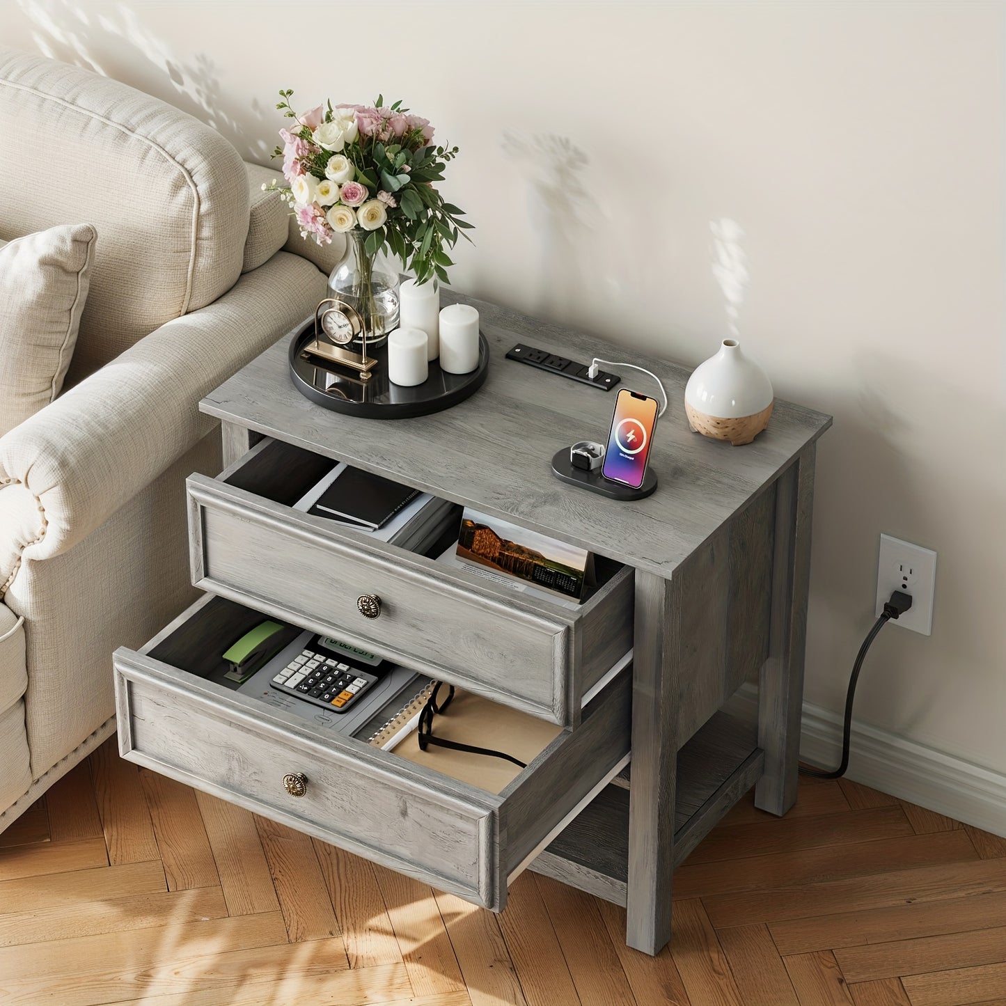 One Or Two Bedside Tables with Charging Docks, a Double-Drawer Dresser for The Bedroom, a Bedside Table with Storage Features, a Three-Tier Open Shelf Bedside Table for The Living Room, Multifunctional Furniture, And a Wooden