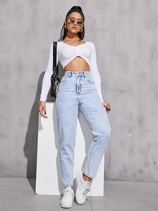 Women'S Plus-Size Vintage Washed Jeans 2025 New Style - High-Waisted Stretch Skinny-Fit Straight-Leg Light Wash Blue Distressed Look, All-Season Comfort with Elastic Fabric, Casual to Semi-Formal Versatile Pants for Casual At