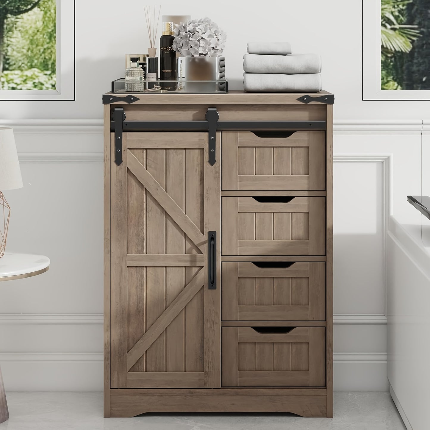 Farmhouse Bathroom Floor Storage Cabinet | 4 Small Drawers for Easy Sorting, Hardwood, White, VABCHES