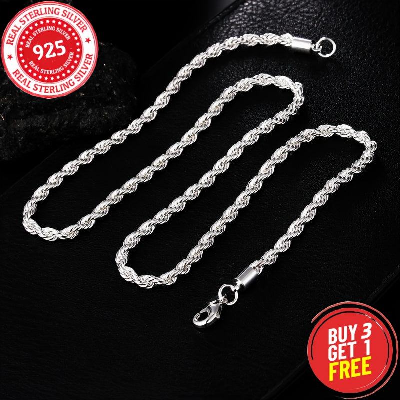925 Sterling Silver 3mm Twist Necklace, Classic Simple Design, Unisex, Suitable For All Occasions - Valentine'S Day, Halloween, Christmas, Anniversary Or As A Holiday Gift (including Gift Box); Buy Three, Get One Free