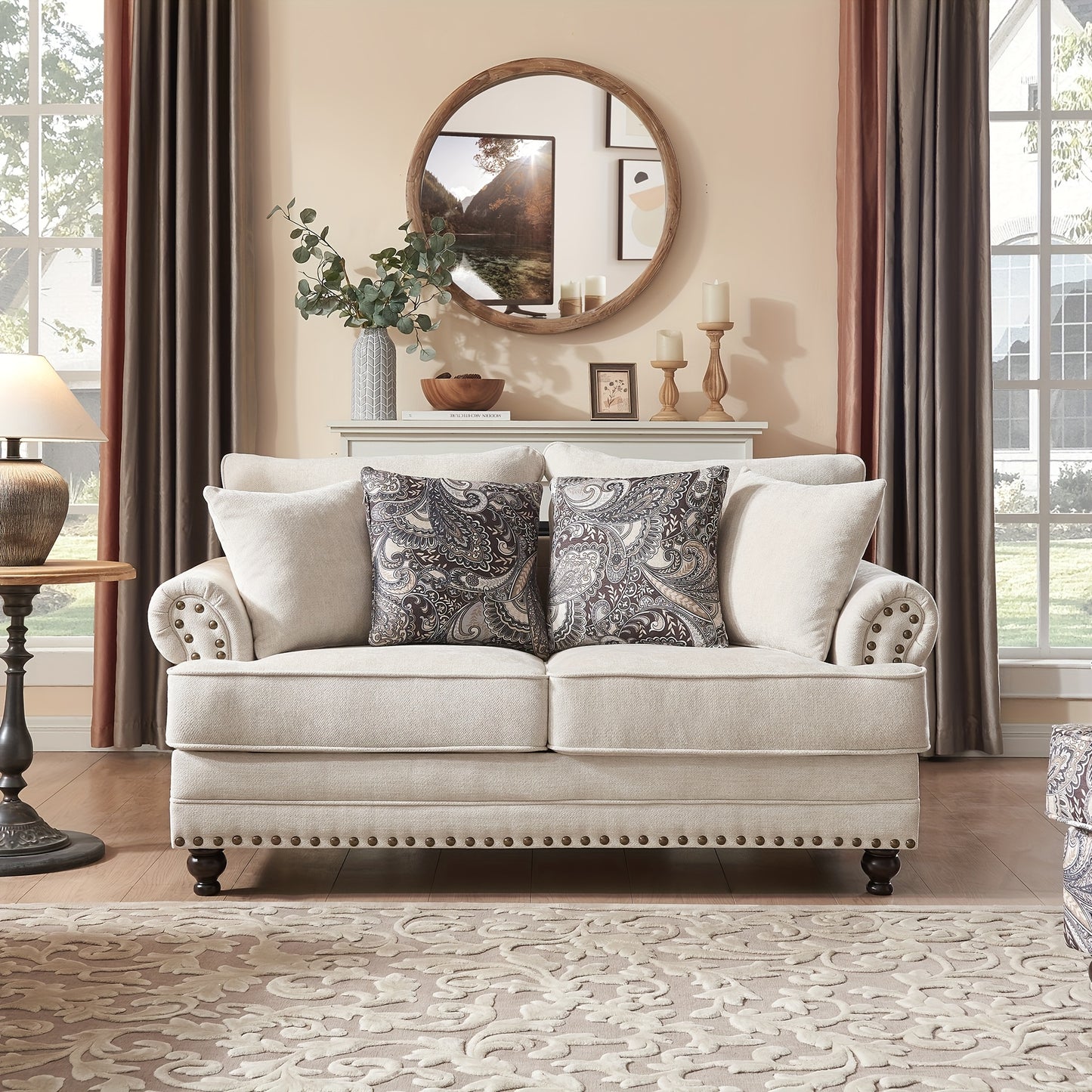 Modern Farmhouse Loveseat And Sofa Set, Chenille Upholstered Couches with Nailhead Trim, Wooden Legs, 9 Accent Pillows, Comfy Sleeper for Living Room