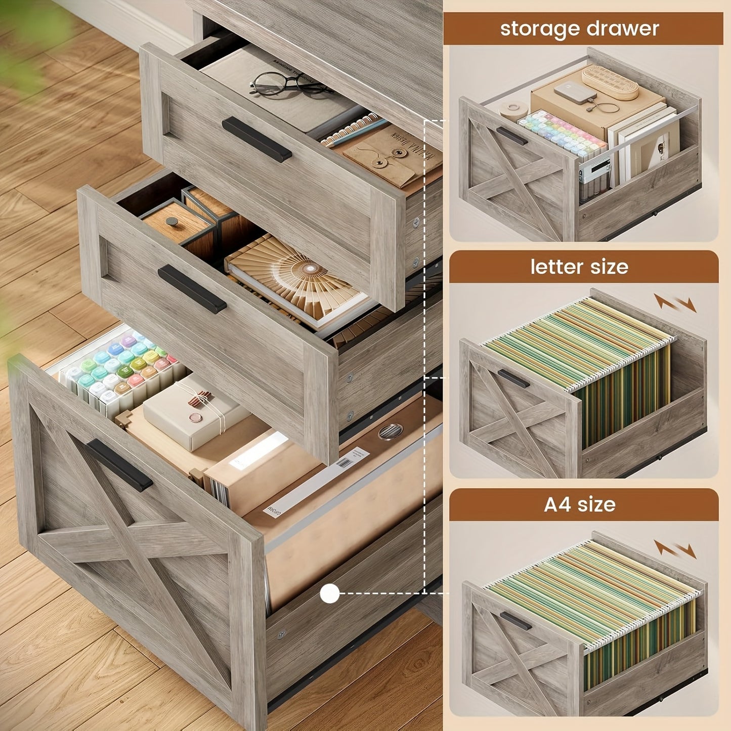 55.1" Farmhouse Desk with Ample Storage, Home Office Desk with File Drawer And Open Shelves, Computer Desk with 3 Drawers, White & Brown Top
