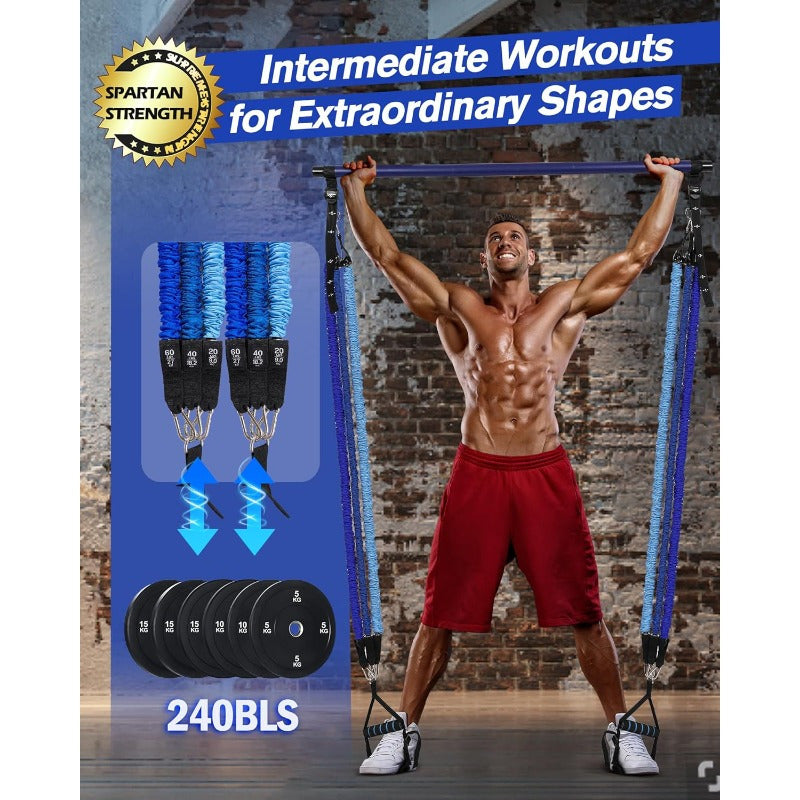 Pilates Bar Kit with Resistance Bands 20-240LBS, Upgraded Natural Latex for Women & Men, Heavy-Duty Stainless Steel Multifunctional Yoga Pilates Stick for Home Gym Exercise Fitness Equipment Full-Body Workouts-Blue