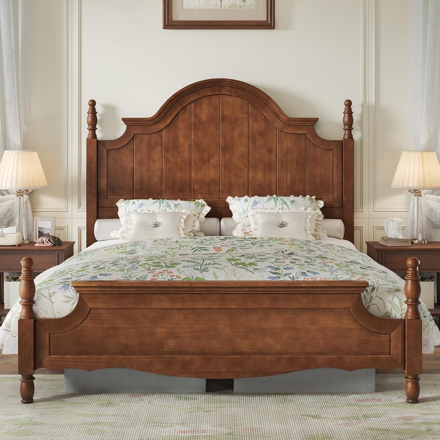 A Sturdy Wooden Bed Frame Featuring a 56-Inch Arched Headboard, This Classic Poster Bed Comes with Wooden Slats for Support, Eliminating The Need for a Box Spring And Allowing for Assembly.