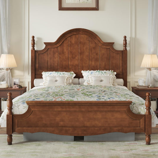 A Sturdy Wooden Bed Frame Featuring a 56-Inch Arched Headboard, This Classic Poster Bed Comes with Wooden Slats for Support, Eliminating The Need for a Box Spring And Allowing for Assembly.