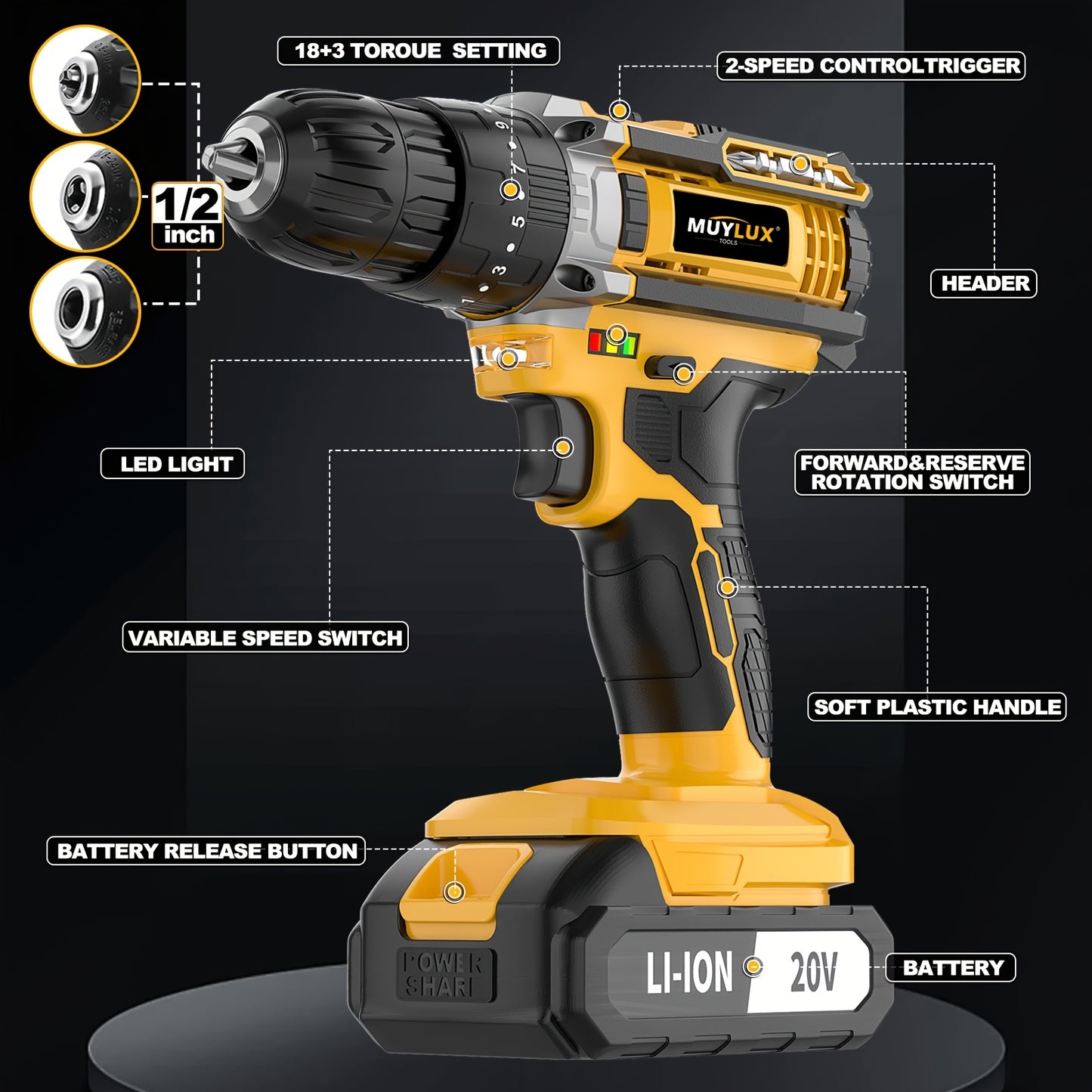 20V Cordless Drill Set, Impact Power Drill with 3/8 Inch Keyless Chuck, 18+3 Clutch Electric Drill with Work Light, Max Torque 45Nm, 2-Variable Speed & 2.0AH Batteries And Fast Charger, Bits Set And Box for, Home Repair, Gift