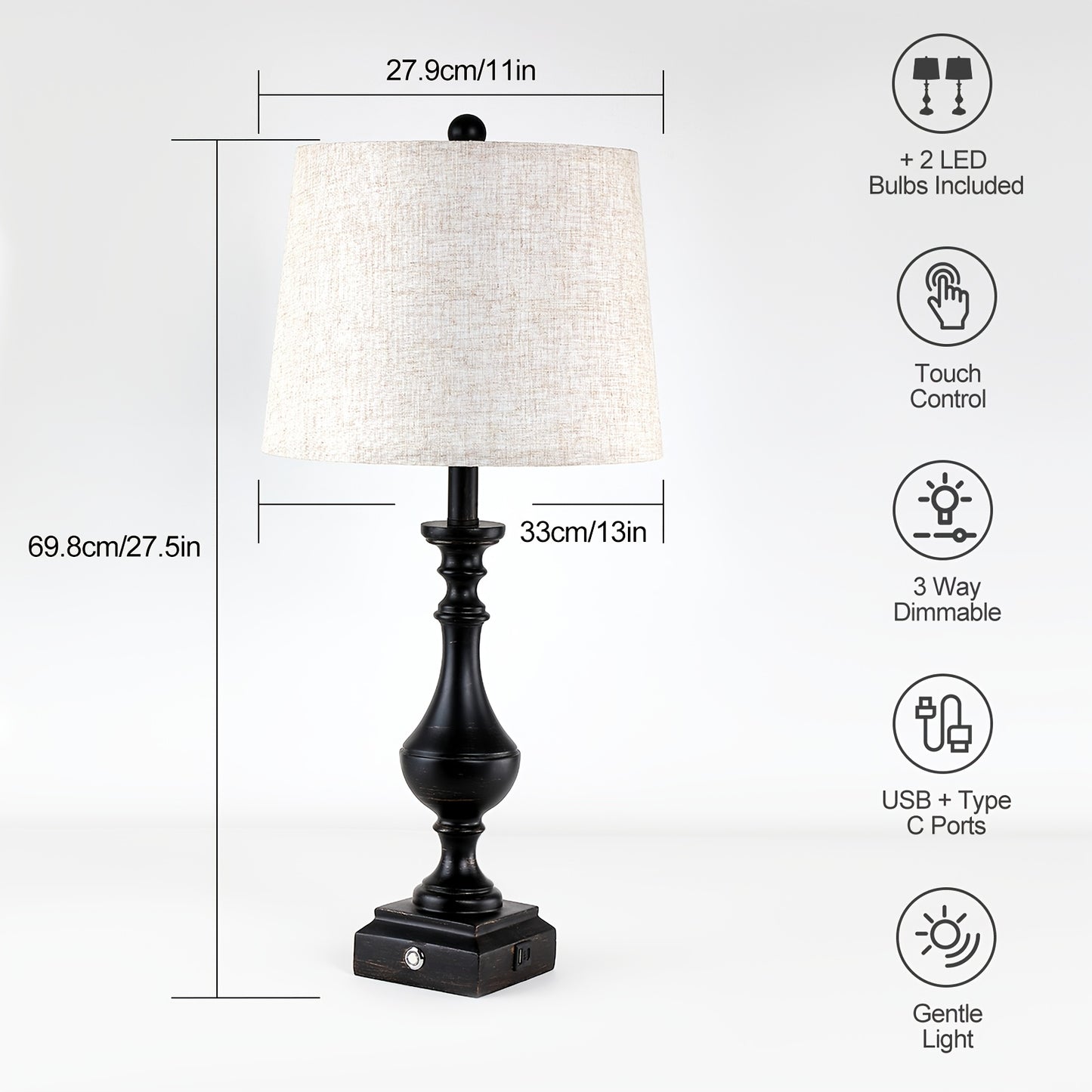 2 Set 3-Way Touch Dimmable Table Lamps for Living Room End Tables, 27.5" Tall Rustic Bedroom Lamp for Nightstand, Dual USB Charging Ports, Black Golden Resin Base with Linen Shade, Classic Candelabra, Farmhouse Bedside Lamp (