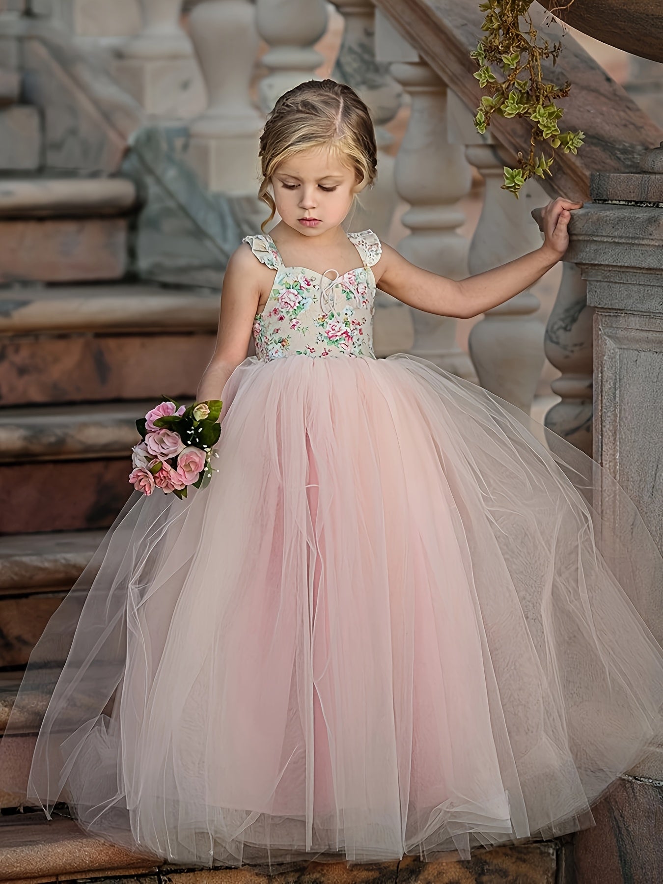 Girls' Sleeveless Tutu Princess Dress with Floral Print & Faux Drawstring Waist - Soft Pink Tulle Wedding Bridesmaid Party Pageant Dress for Spring/Summer, Wedding Dresses for Bride