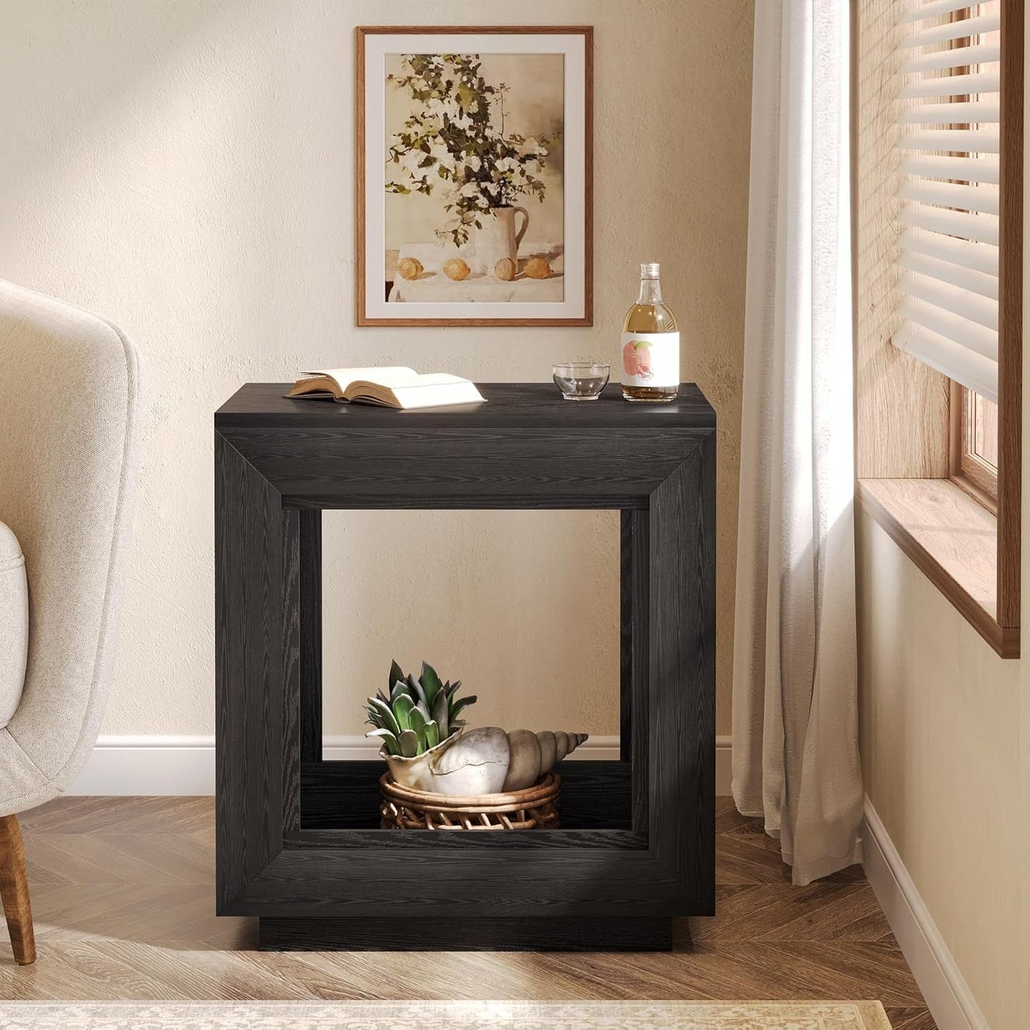 24 Inch Farmhouse End Table with Open Shelf - Heavy-Duty Hardwood & Particle Board Construction, Easy Assembly Side table, Natural Wood Finish - for Living Room, Bedroom, Patio - Space-Saving Nightstand or Accent Furniture, B