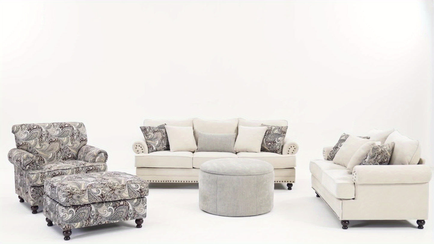 Modern Farmhouse Loveseat And Sofa Set, Chenille Upholstered Couches with Nailhead Trim, Wooden Legs, 9 Accent Pillows, Comfy Sleeper for Living Room