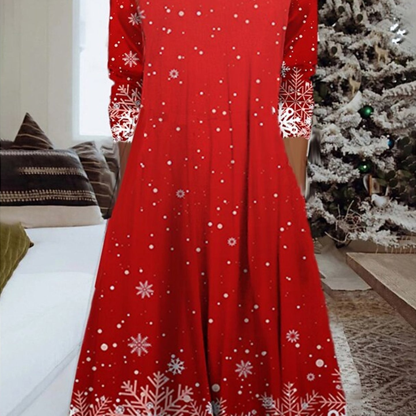 Plus Size - Plus Size, Women'S Elegant Christmas Snowflake Print Maxi Dress - Long Sleeve Round Neck Winter Party Dress with A-Line Silhouette, Red & Snowflake Pattern, Cozy Floor-Length Formal Evening Gown for Holiday Events
