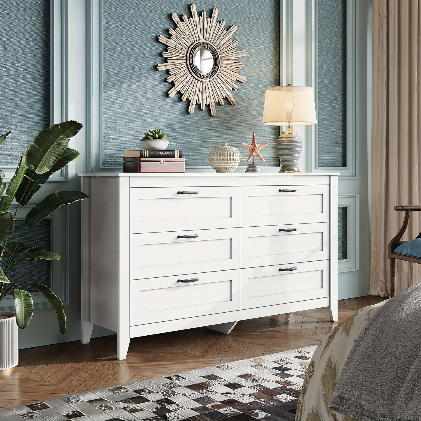 6 Drawer Dresser, Retro Chest Of Drawers with Metal Handle, Double Wood Dresser for Bedroom, Living Room, Large Storage Cabinet