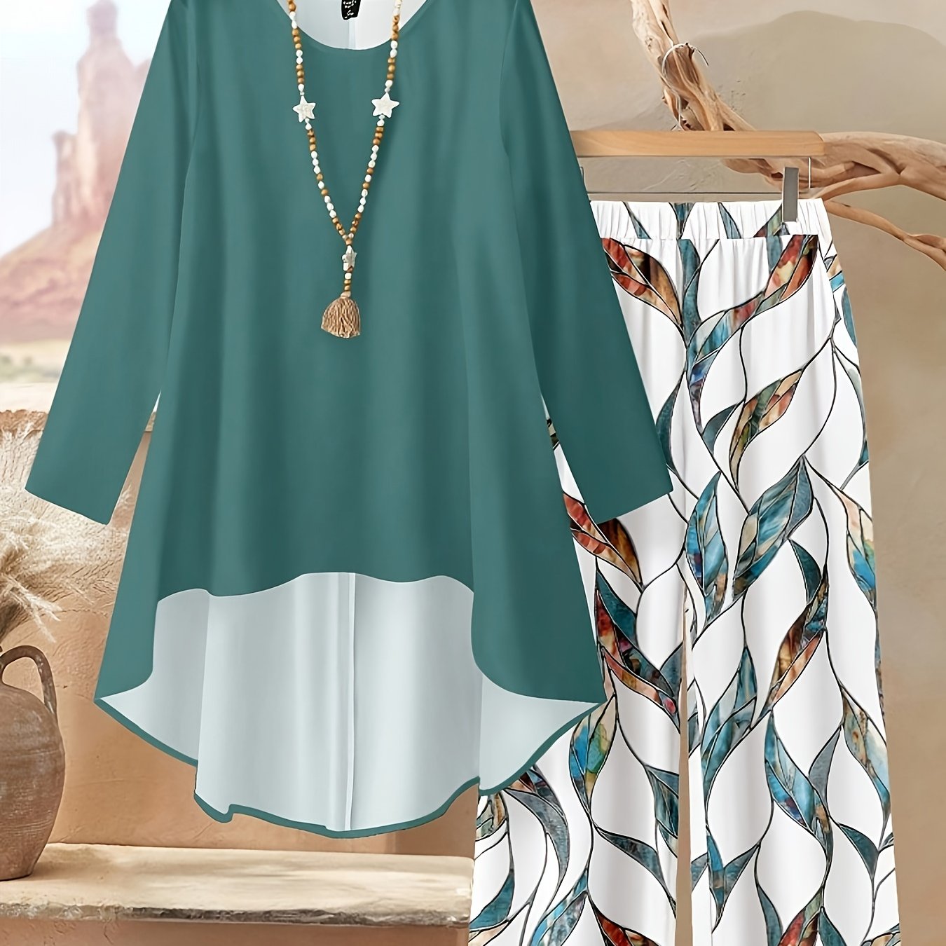 Women'S 2pcs Set - Elegant Leaf Print Long-Sleeve Top & Pants, Loose Fit, All-Season Comfort, Casual Style, Perfect for Fall & Winter, Casual Wear|Elegant Casualwear|Comfortable Fit, Ladies Pants