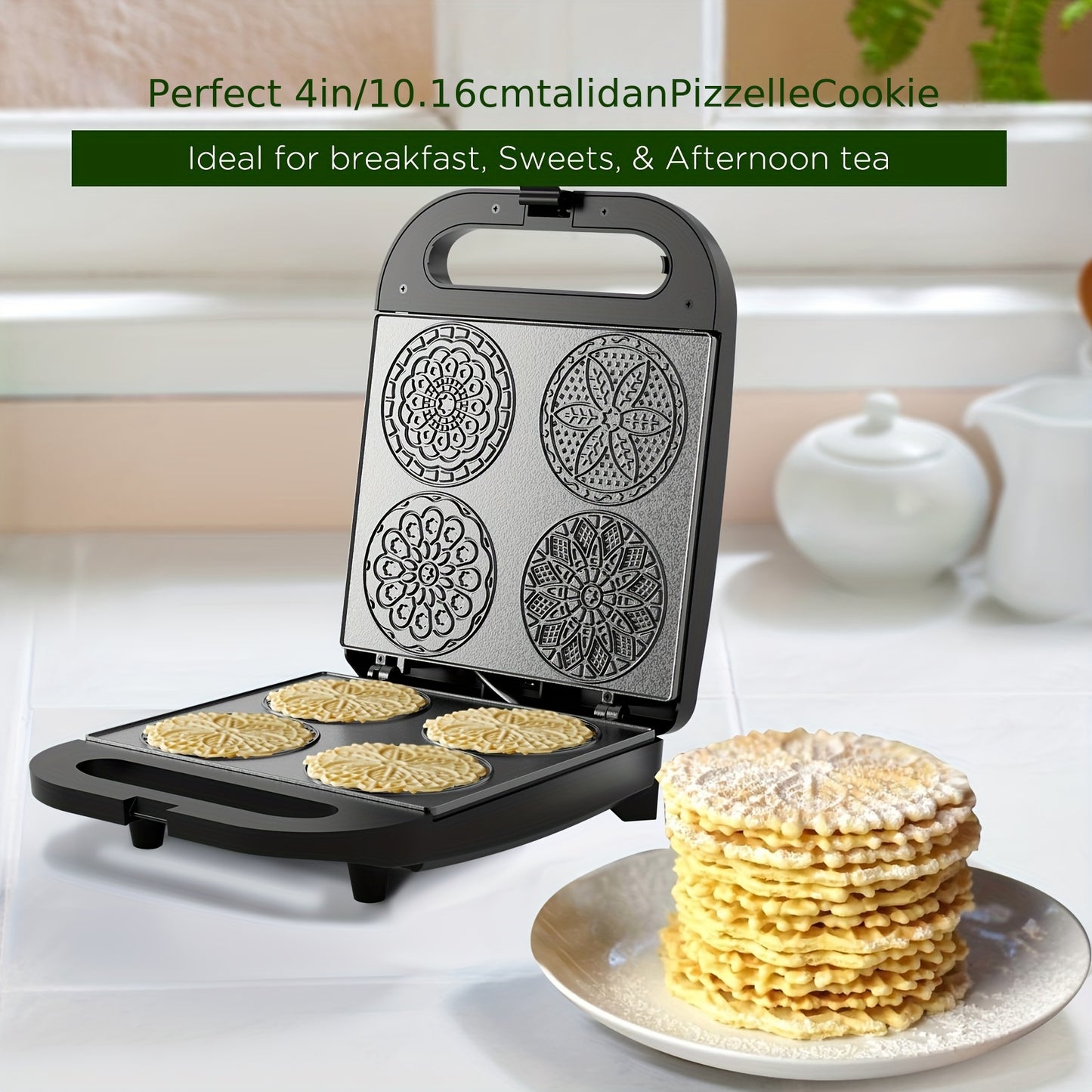 Mini Electric Pizzelle Cookie Maker, 4 * 4 Inches, Non-Stick, Perfect for Breakfast, Snacks, Desserts, And More