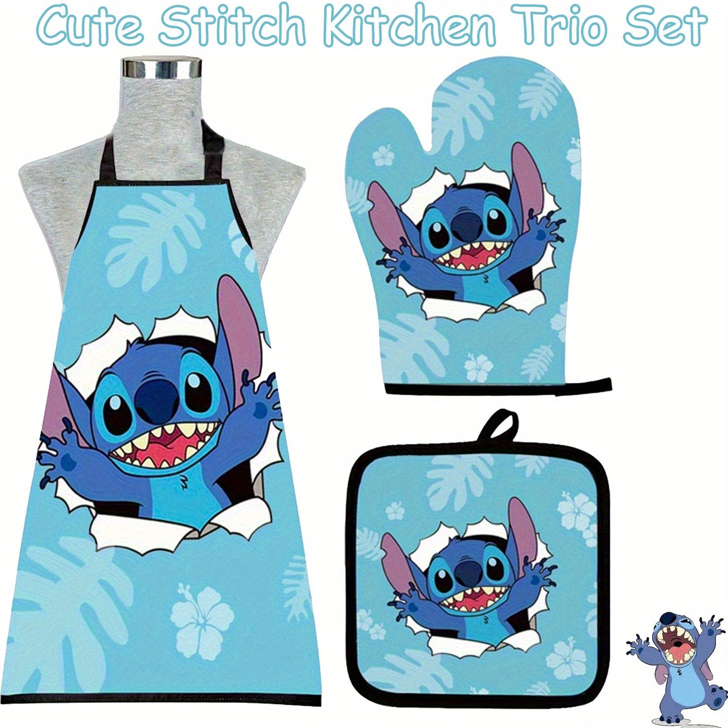 Stitch kitchen three-piece set, including a Stitch apron, gloves, and heat-resistant mat, Party Favors, adding fun to your cooking time and joy to your culinary creeations.ations., Kitchen Essentials, Culinary Gifts, Themed A