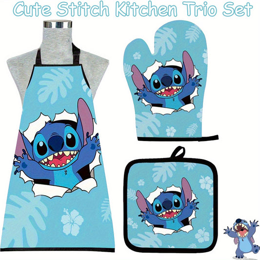 Stitch kitchen three-piece set, including a Stitch apron, gloves, and heat-resistant mat, Party Favors, adding fun to your cooking time and joy to your culinary creeations.ations., Kitchen Essentials, Culinary Gifts, Themed A