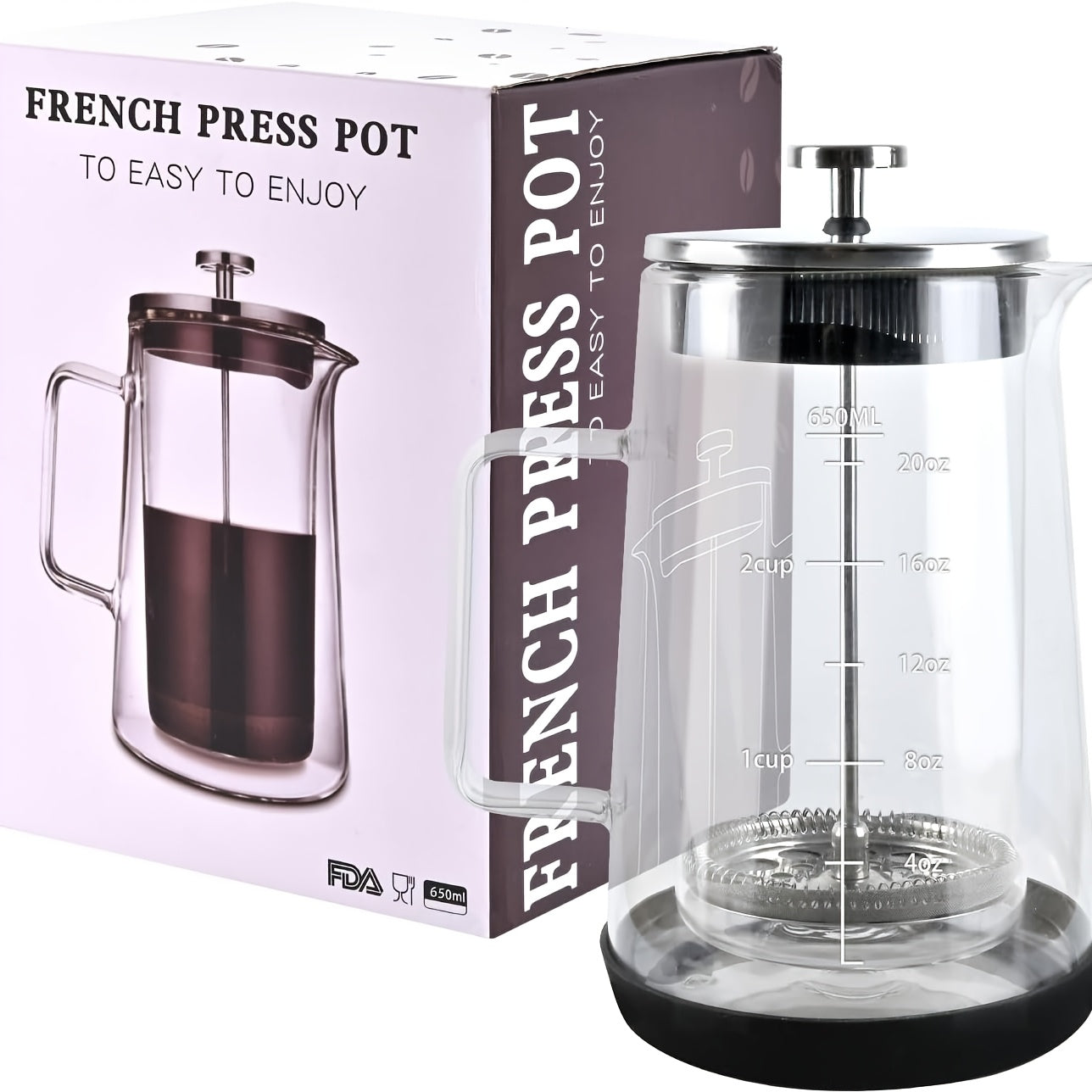 Glass Press, Easy to Clean Glass Press Coffee Maker, 22Oz/ 650Ml Coffee Press Glass, Borosilicate Press, Suitable For, Kitchen, Office., Home Brewing, Kitchen Appliance, Modern Coffee Maker, Stylish Press, Highquality Materia