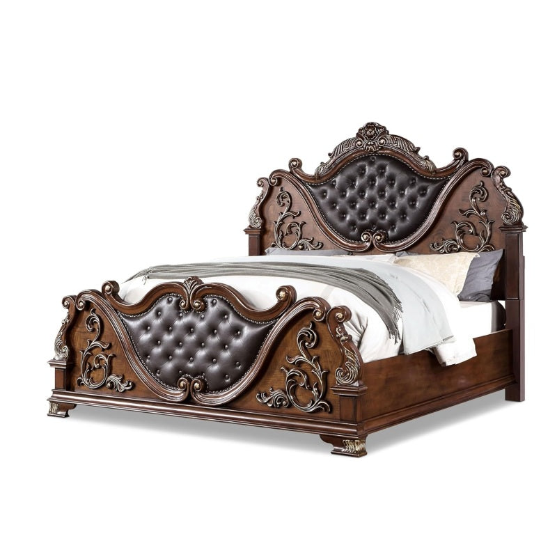 Luxurious Brown Cherry Traditional Queen Size Bed Tufted Leatherette HB FB 1pc Bed Bedroom Furniture Wooden