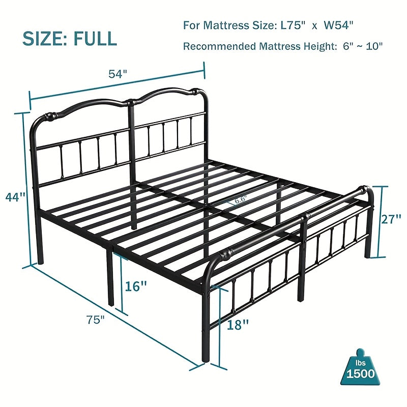 Queen Size Bed Frame with Headboard and Footboard | 18 Inches High, 3500 Pounds Heavy Duty Metal Slats, No Box Spring Needed, Noise-Free, Black, Contemporary Style, Metal Material, Assembled