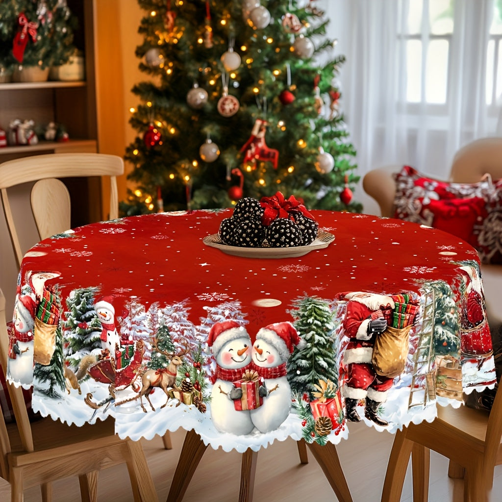 1pc Merry Christmas Themed Red Printed Tablecloth, Farmhouse Style, Santa Claus, Snowman, Snow Scenery Design, Christmas, New Year Gatherings, Parties Decor, Kitchen Accessories, Room&Outdoor Decor, Gift to Friends, Rectangul