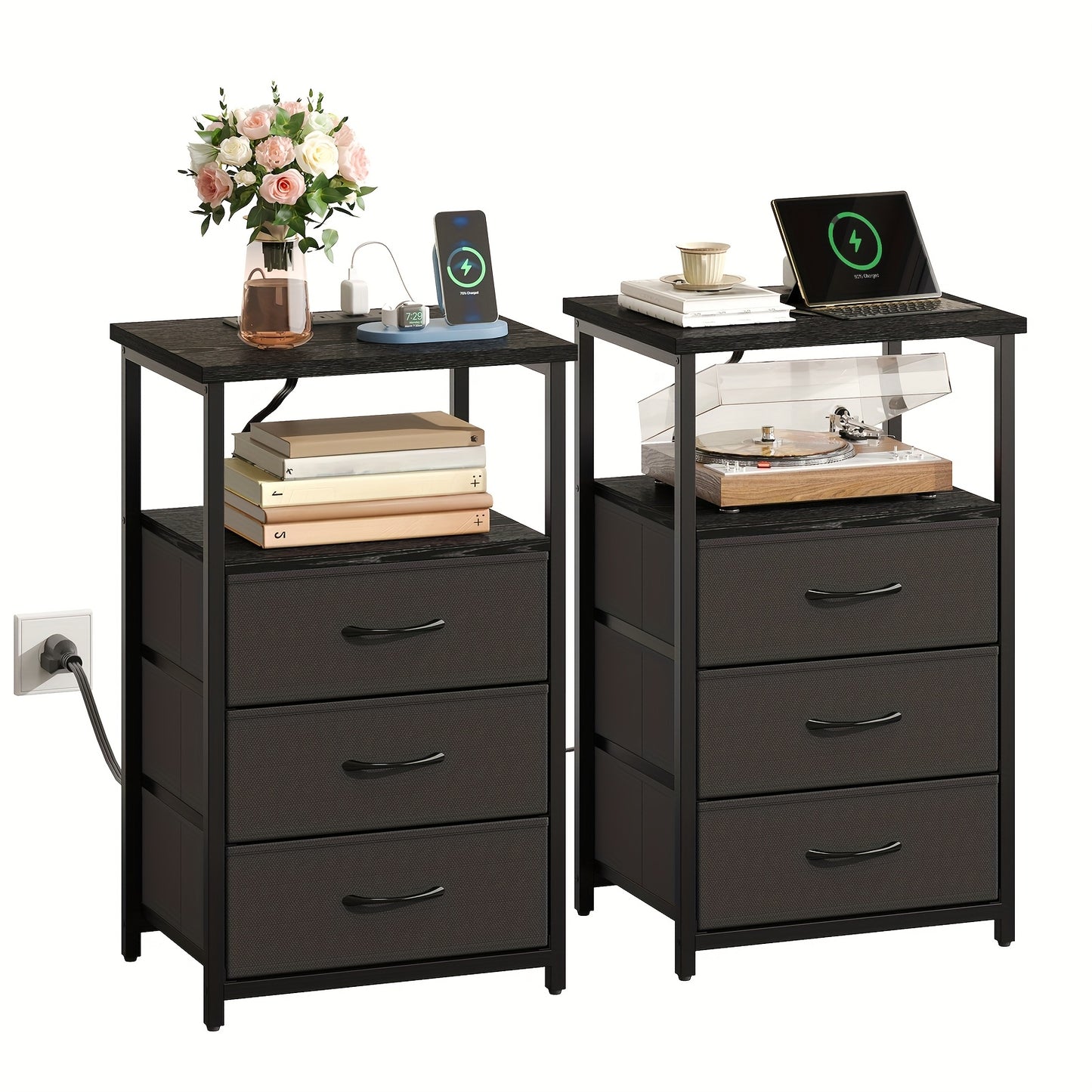 WHONLINE 1/2pcs Night Stand With Charging Station, Nightstand 1/2 Set With 3 Fabric Drawers, End Table With Storage, Night Stand For Bedroom, School And Dormitory Storage, Black End Table, Heavy Duty Night Stand, For Hallowee