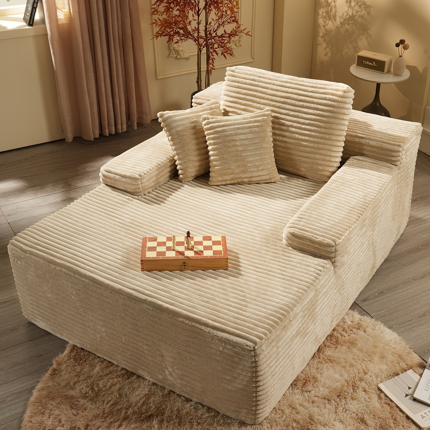 67" Oversized Boneless Lounge Chaise - Corduroy/Plush Fabric/Teddy Fleece Floor Couch with Pillows And Armrests | Deep Seat Single Sofa Bed with High Density Sponge Cushion | U Sleeper Couch for Living Room, Apartment, Bedroo