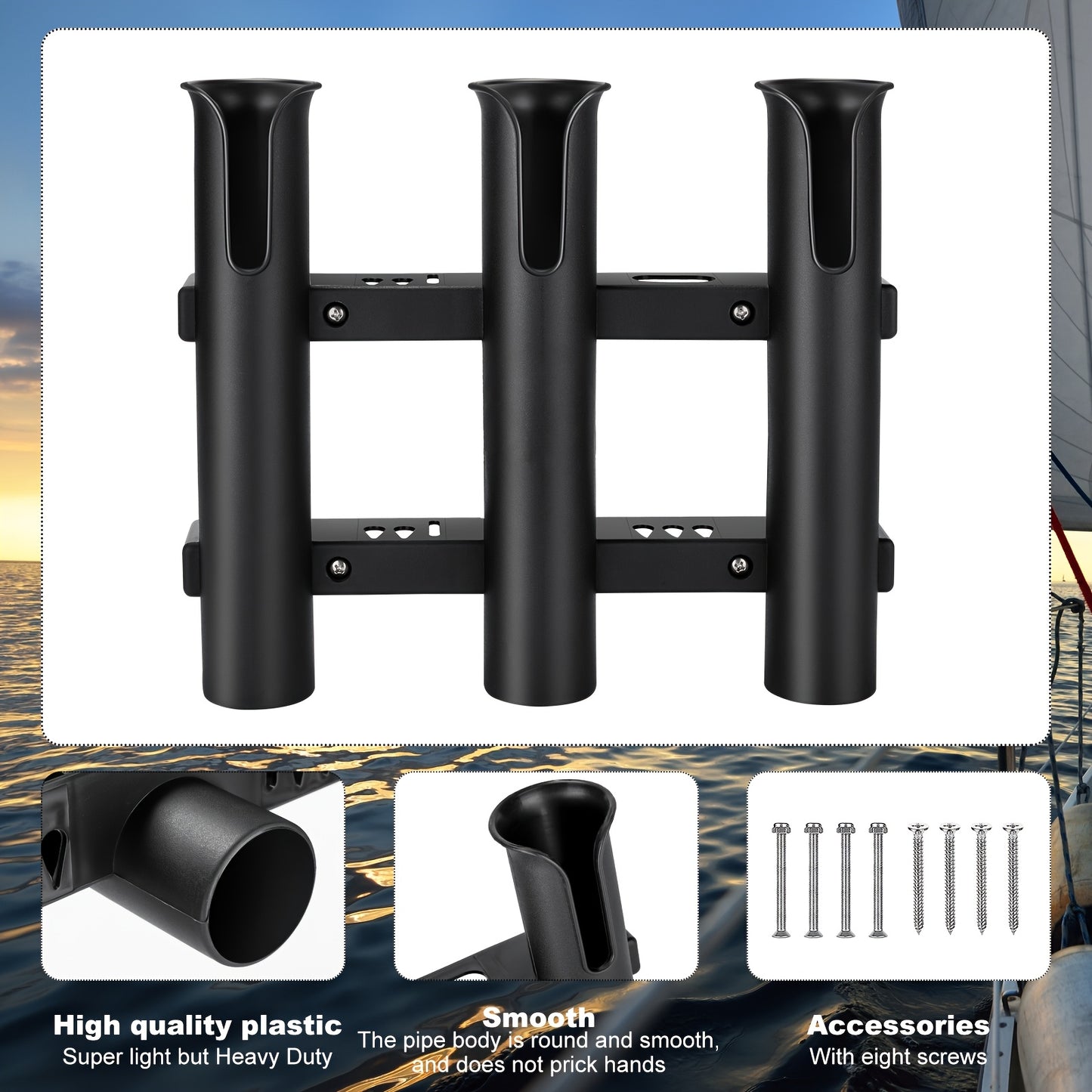 3pcs Fishing Rod Holder Bracket Tube 3 Rod Rack Wall Mounted 10.63 Inch Fishing Pole Holders for Boats with Screws Nuts Side Mount for Boat Truck Kayak Garage (Black)
